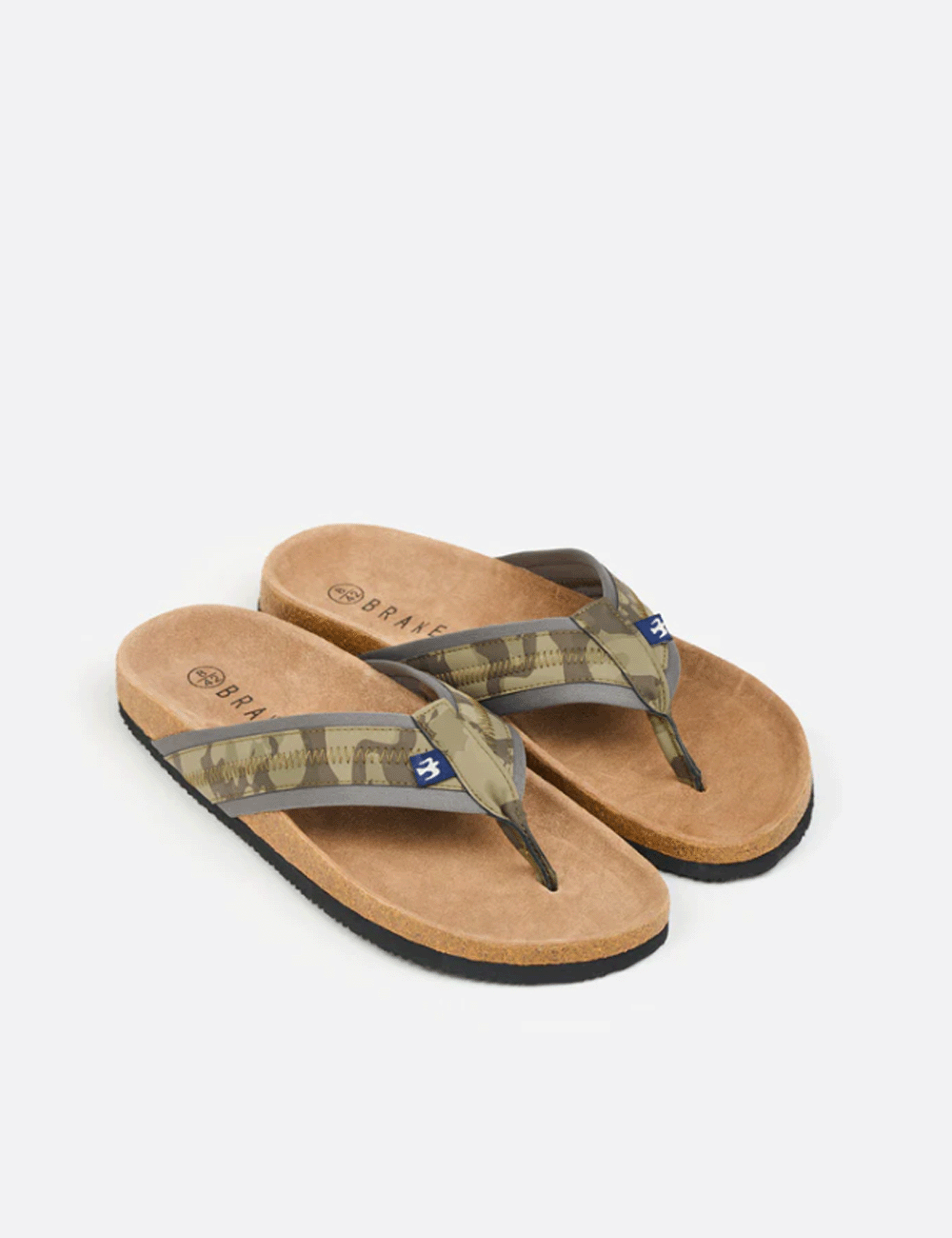 Brakeburn's Camo Flip Flops together on a grey background