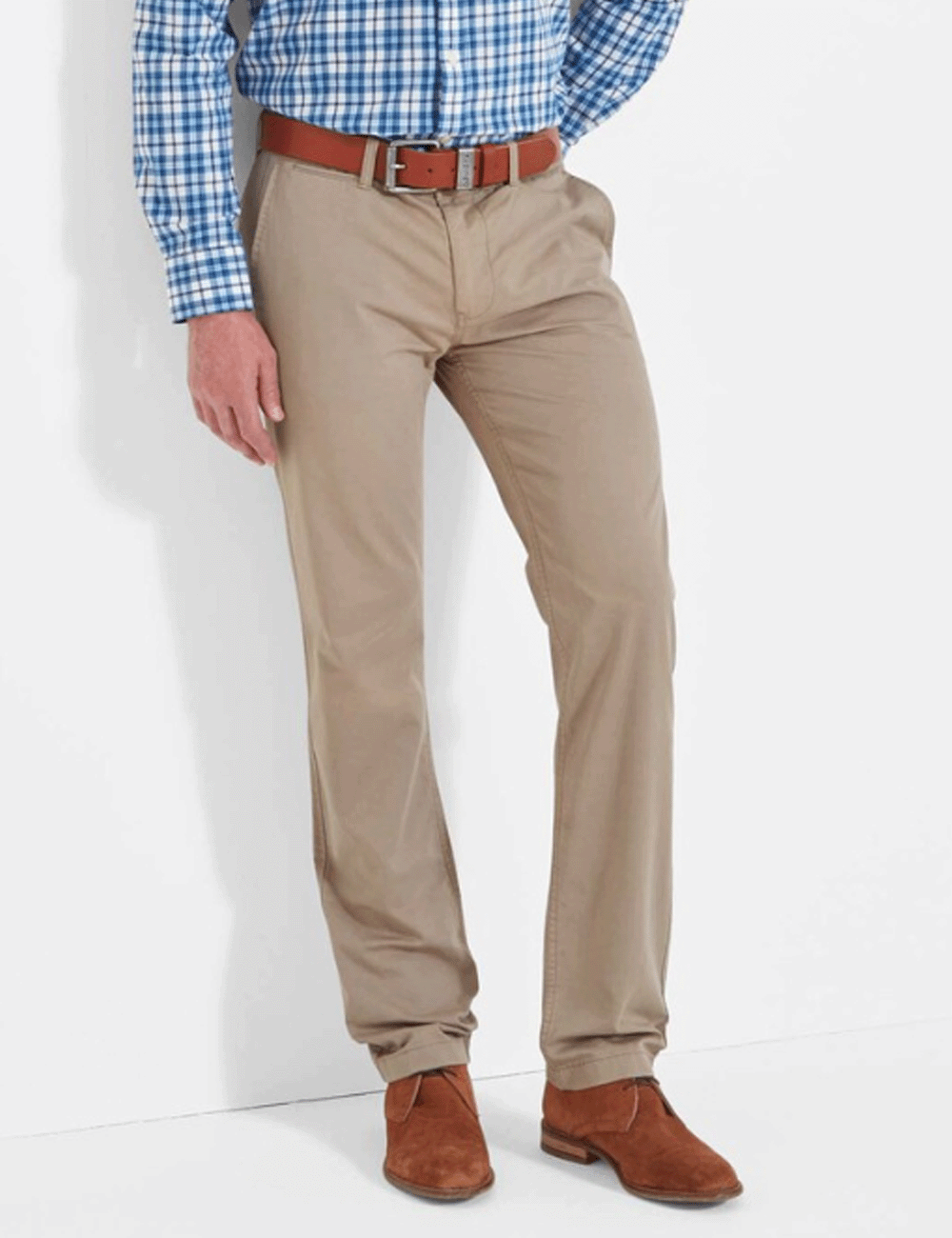 Man wearing the Christopher Chino with a blue checked shirt