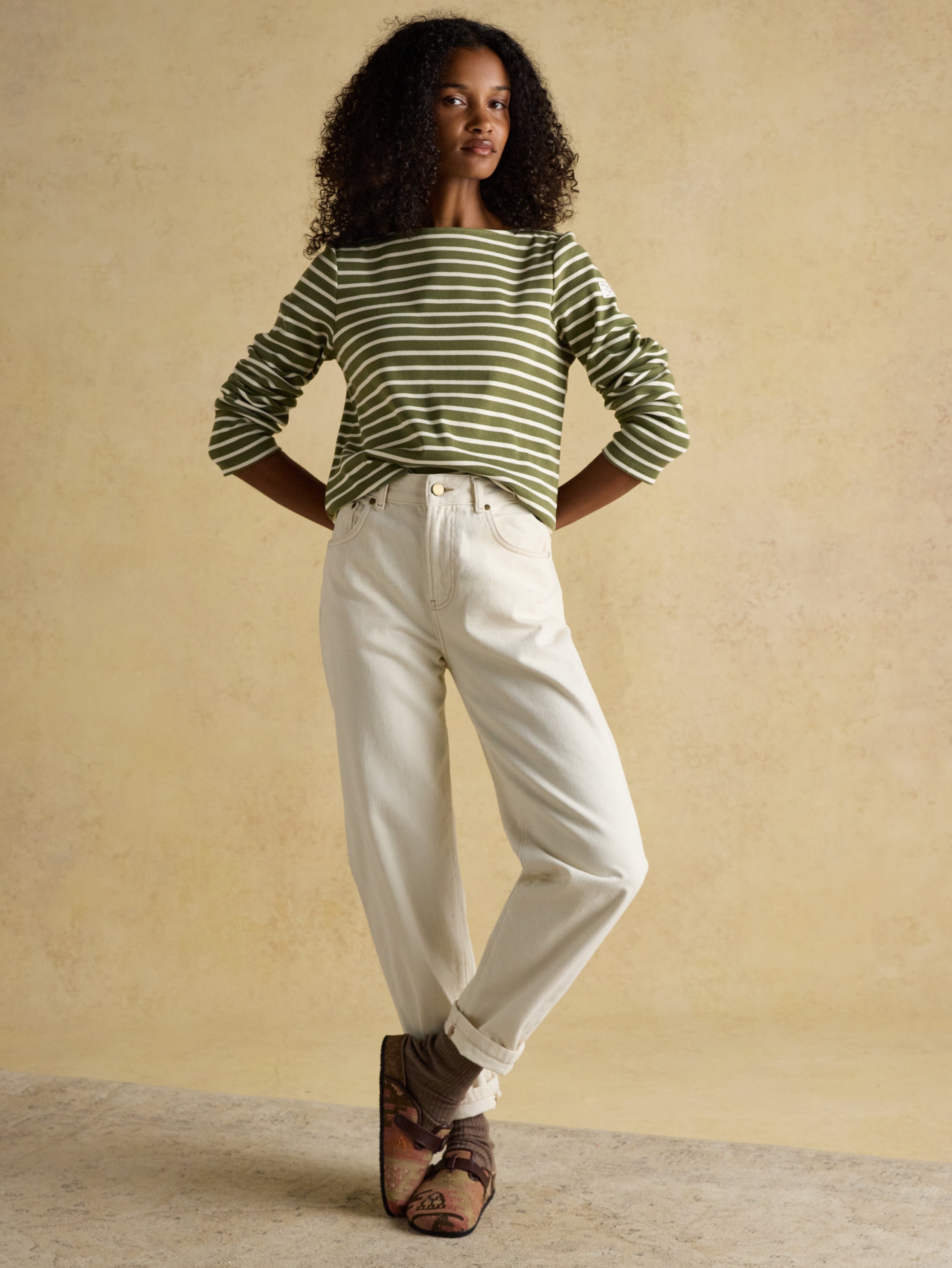 Joules Harbour Boat Neck Long Sleeve Breton Stripe Top Green