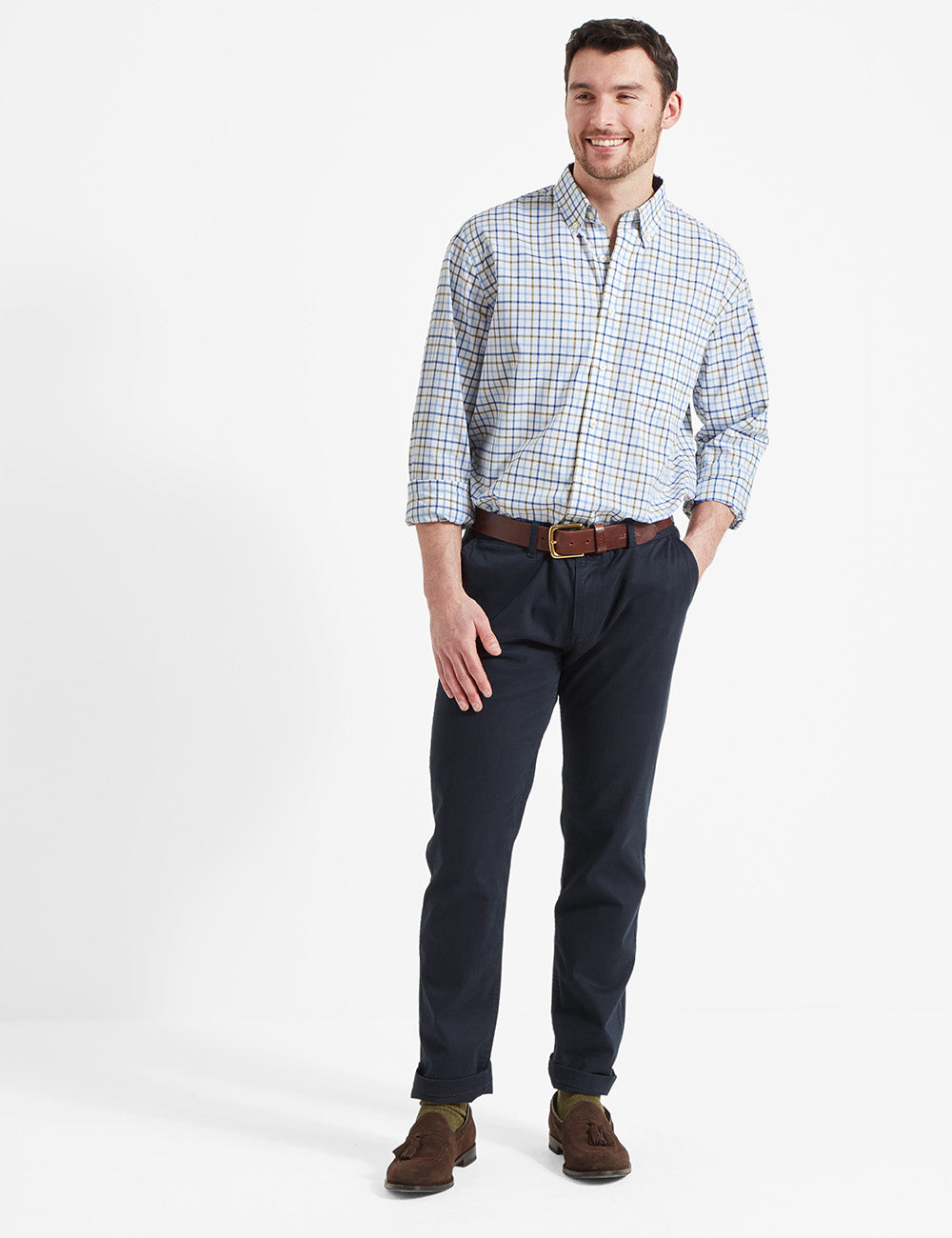 Schoffel Holkham Classic Shirt - French Navy/Light Khaki/Sky Blue