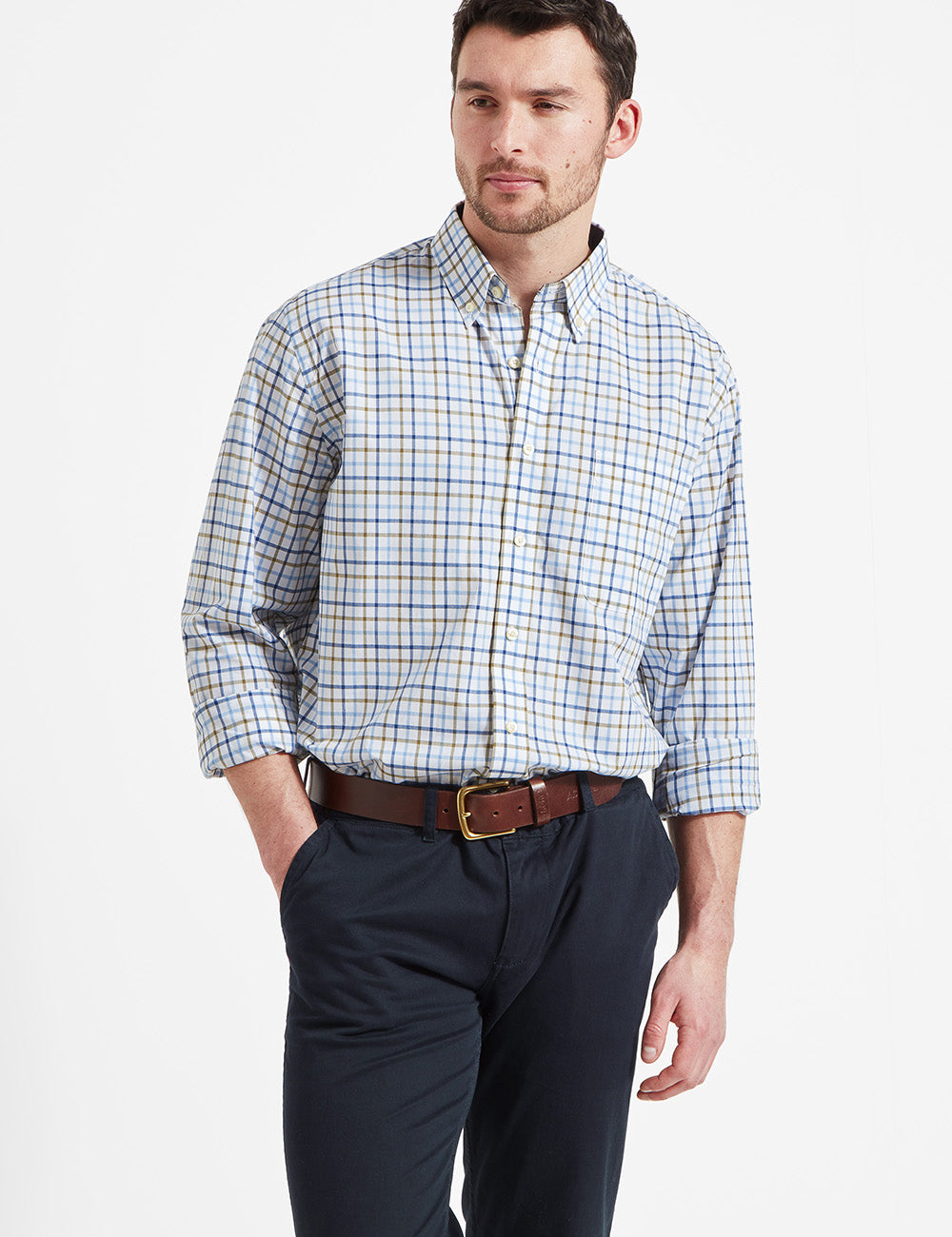 Schoffel Holkham Classic Shirt - French Navy/Light Khaki/Sky Blue