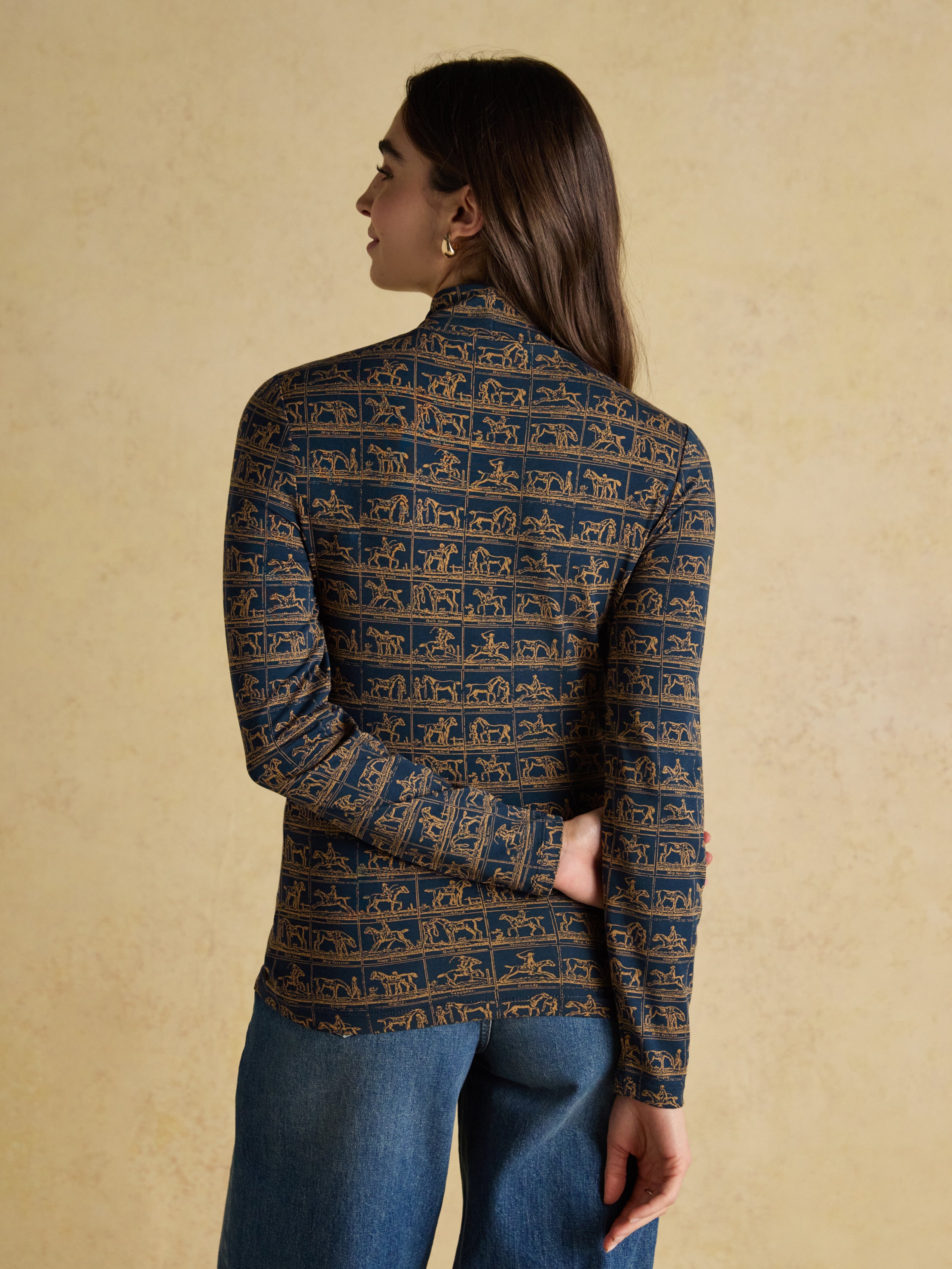 Joules Amy Printed High Neck Jersey Top Navy Horse