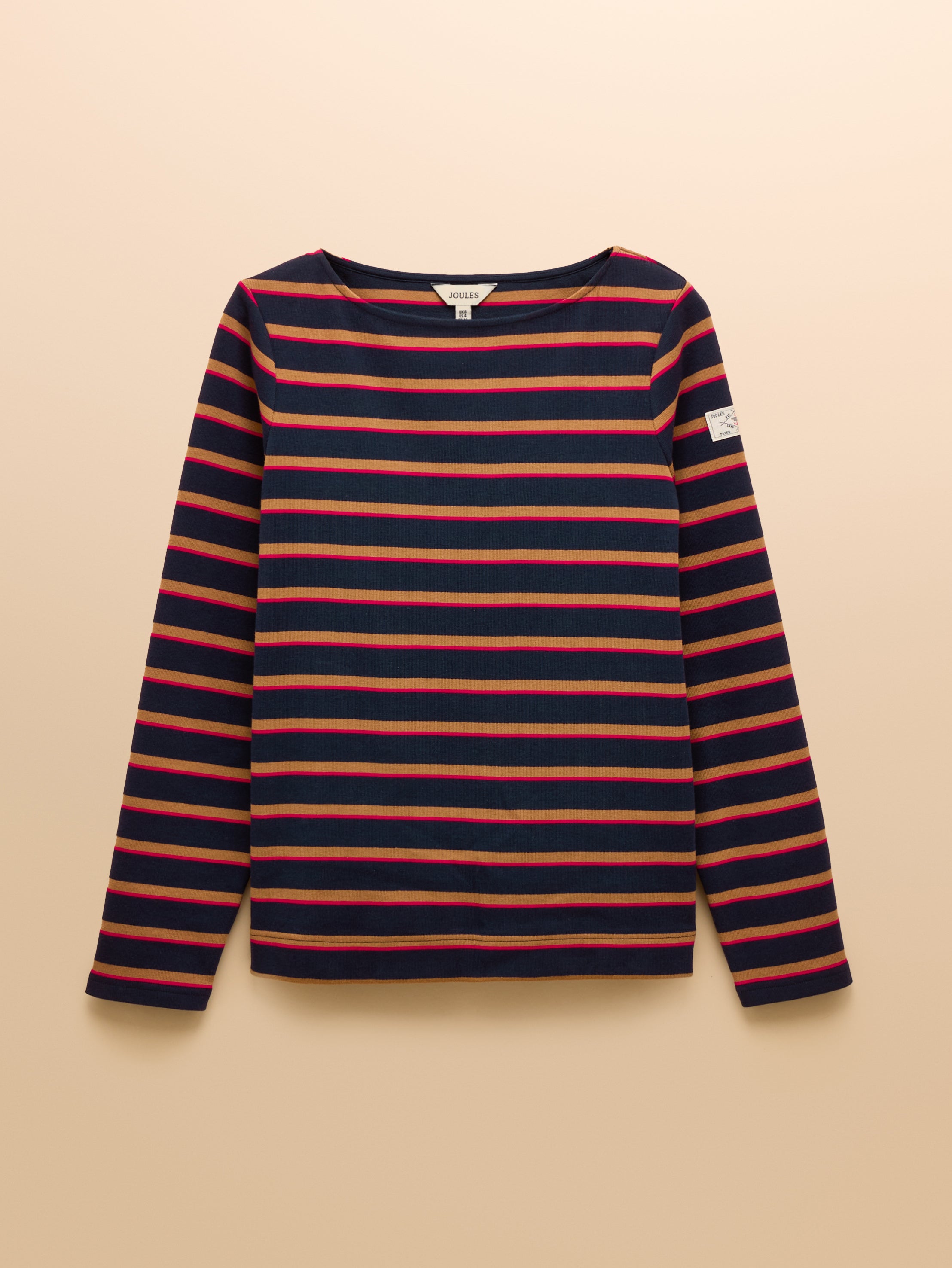 Joules Harbour Tan - Navy Boat Neck Long Sleeve Breton Stripe Top