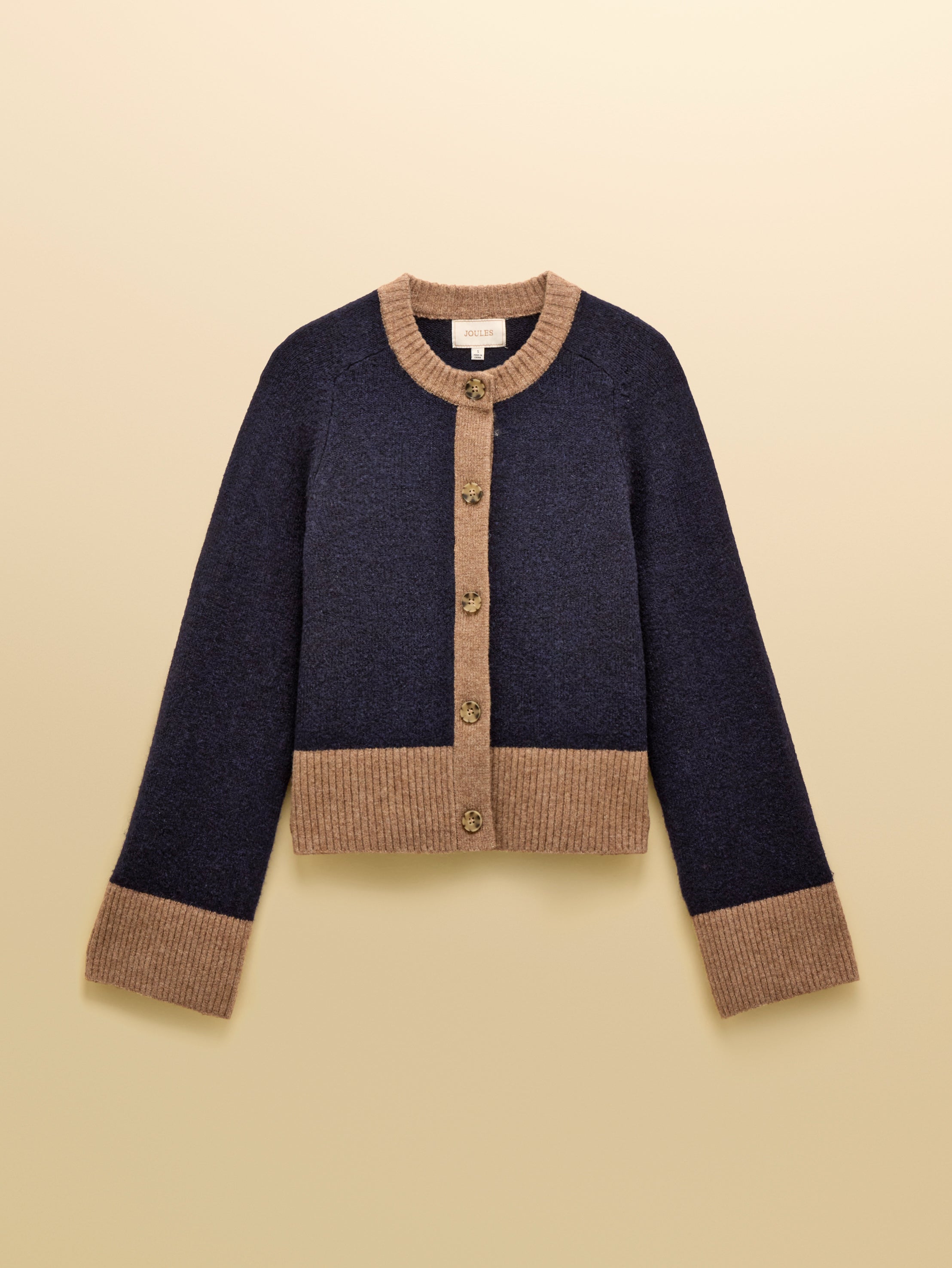 Joules Nora Navy - Tan Knitted Round Neck Cardigan