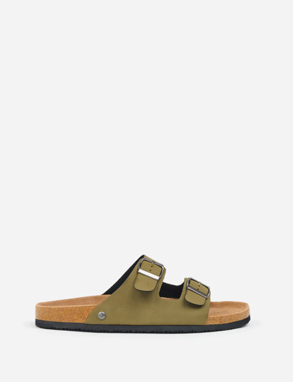Outside of right foot of the Khaki Sandals on a grey background