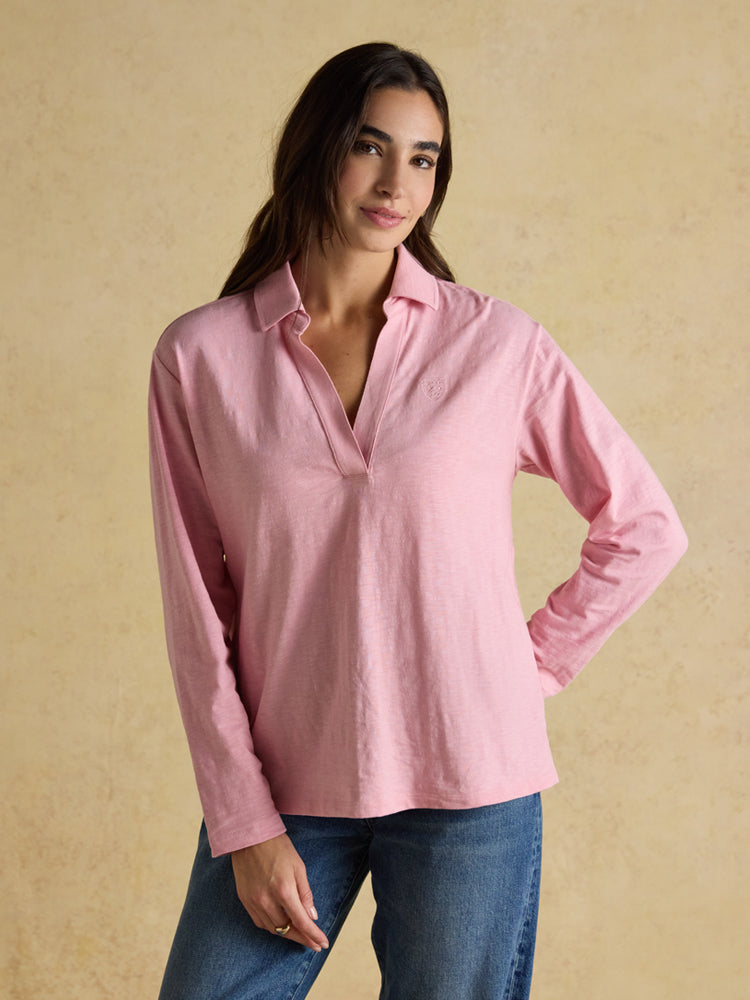 Joules Tallie Pink Combed Cotton Slub Collared Shirt Top