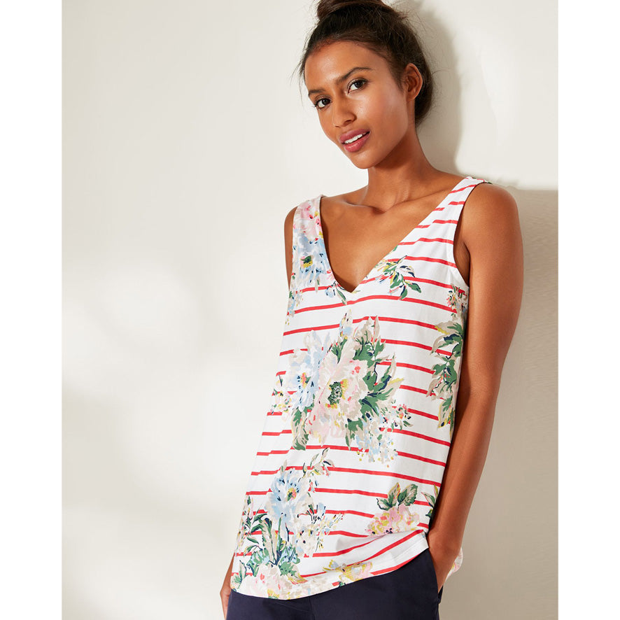 Joules Darlie Button Back Jersey Vest - Red Stripe Floral