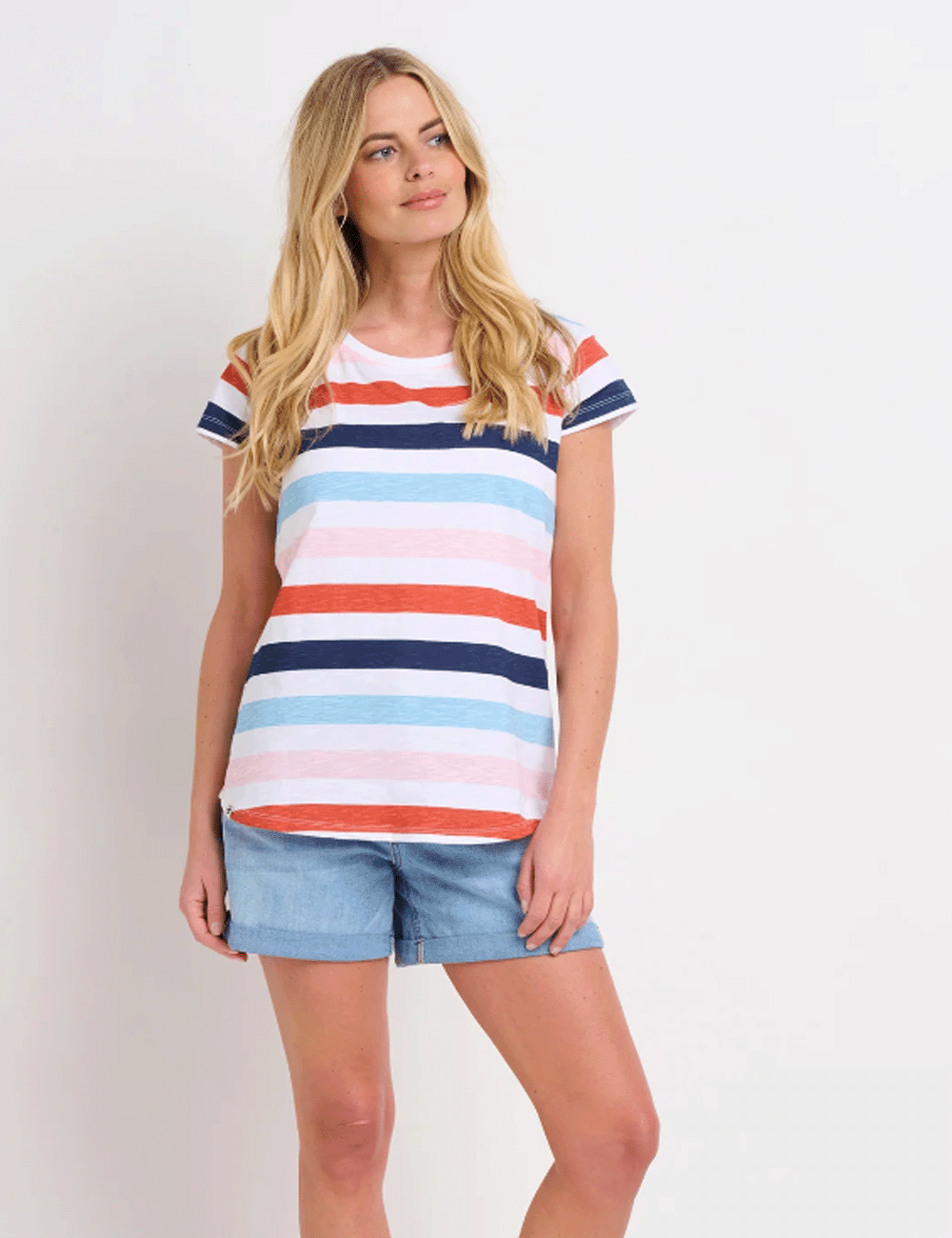 Woman wearing the Brakeburn Anna Stripe T-Shirt with shorts