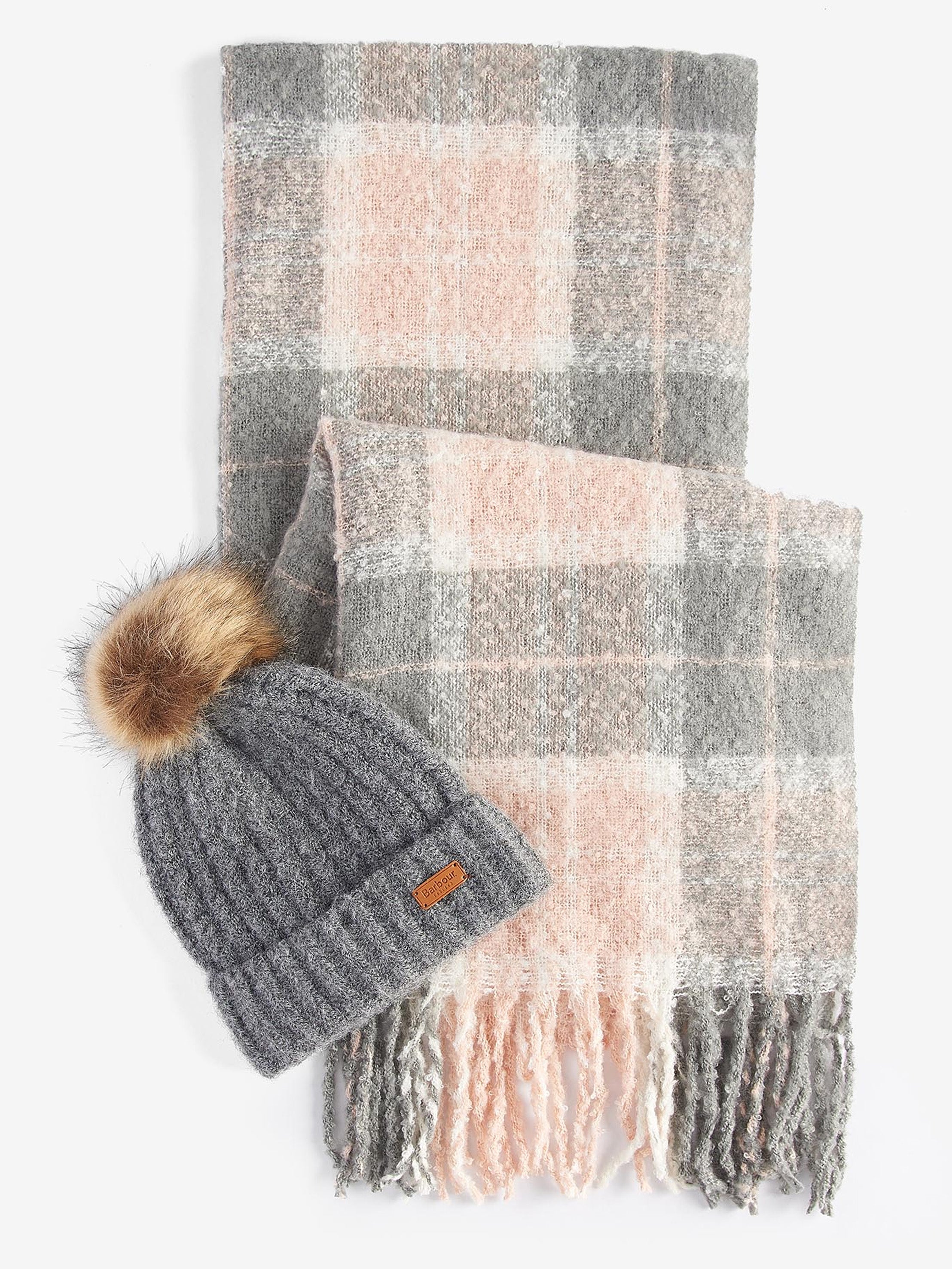 Barbour Saltburn Beanie & Tartan Scarf Gift Set Rose