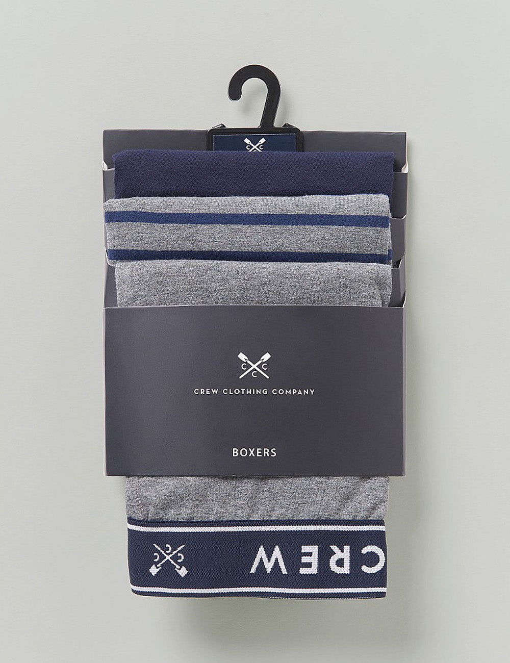 Crew Clothing's Jersey Boxers in Grey Stripe in packaging on a grey background