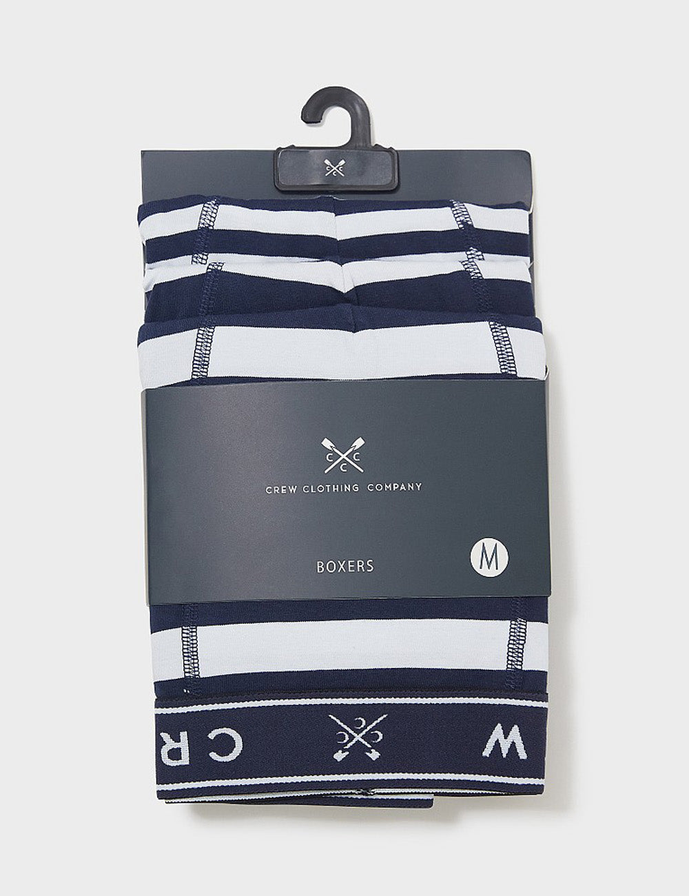 Crew Clothing's Jersey Boxers in packaging on a grey background