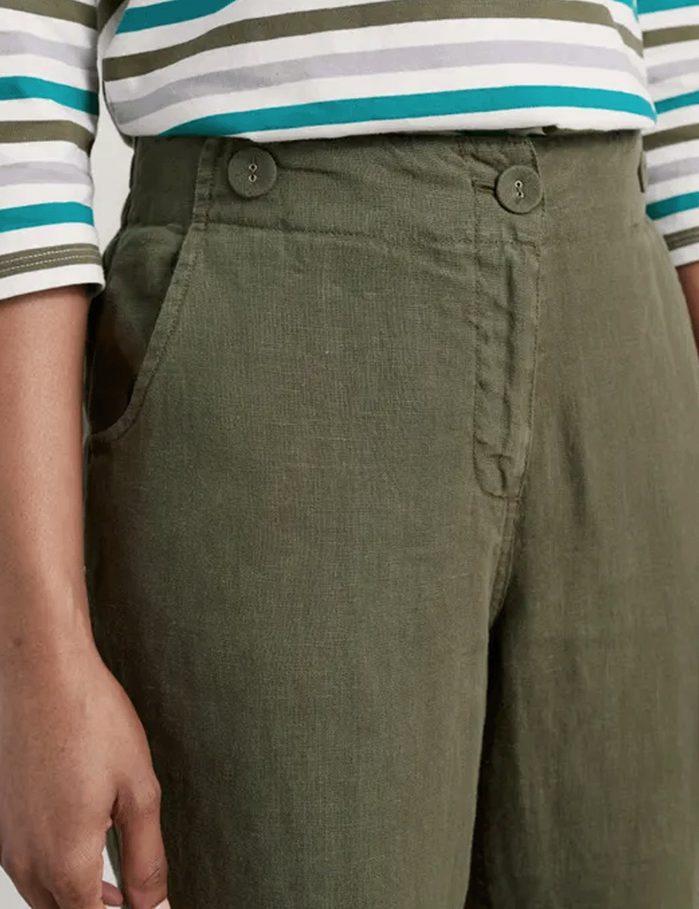 Close up of the waist on the Brawn Point Crops while woman is wearing them
