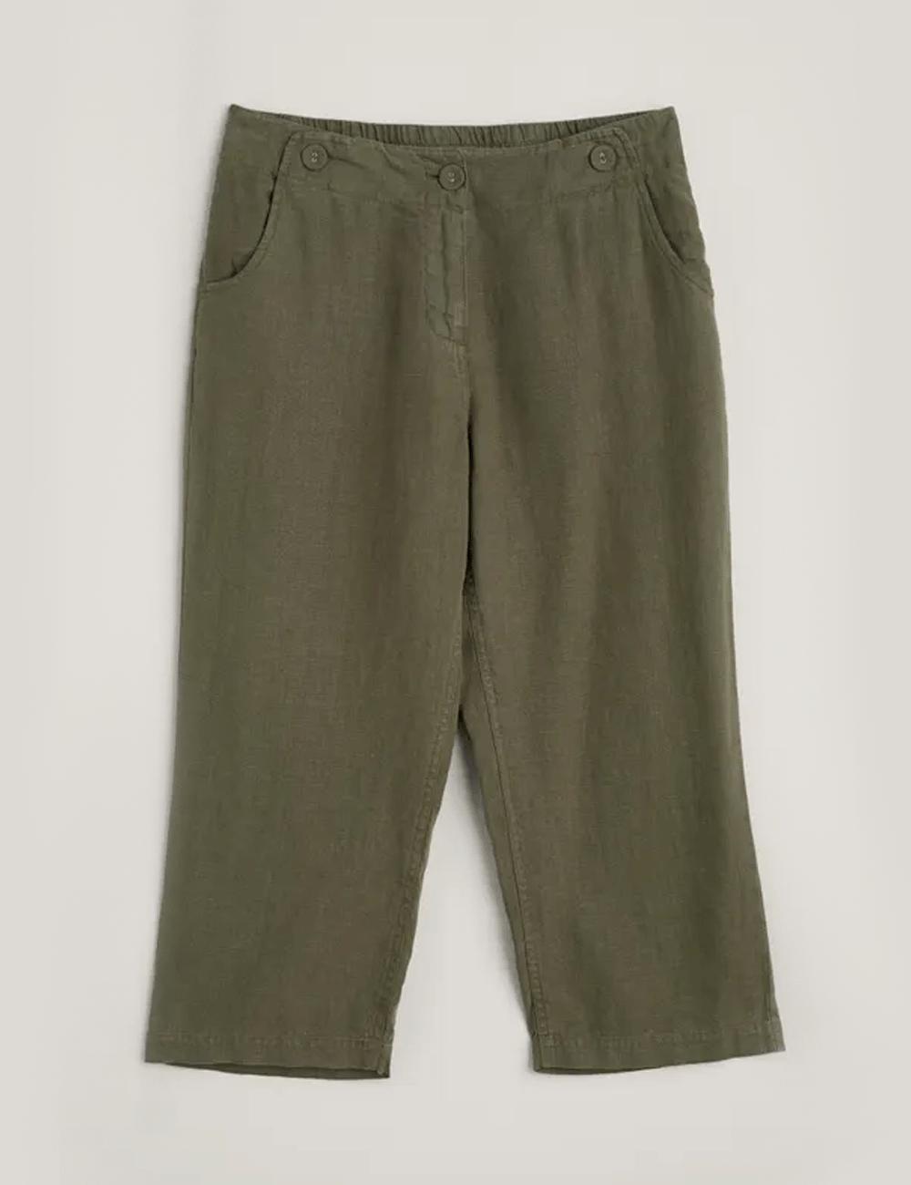 Seasalt's Brawn Point Crops in Light Olive on a grey background