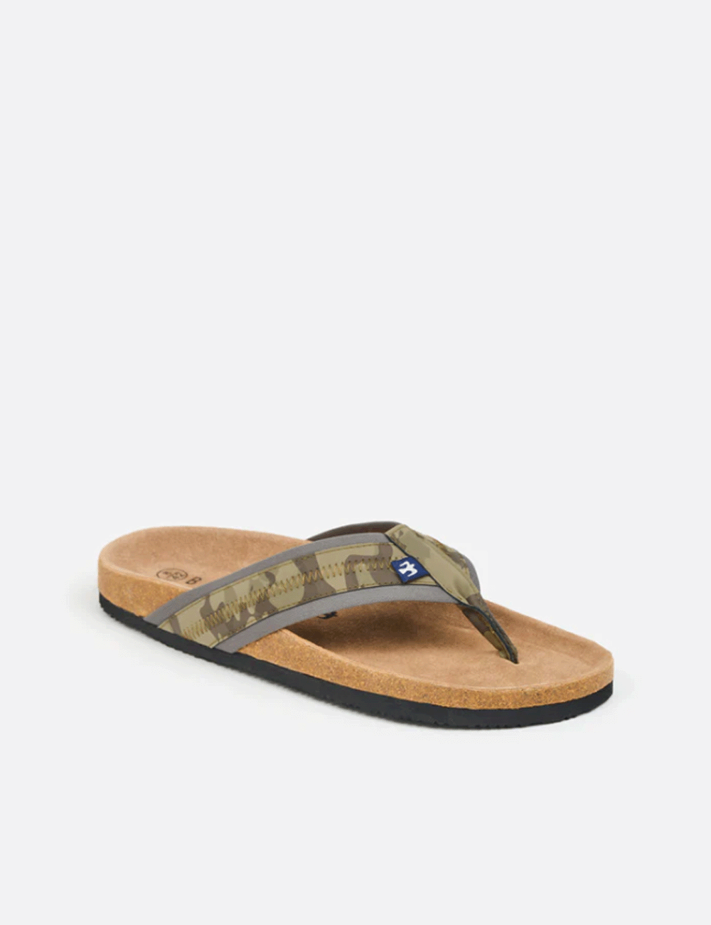Right foot of Camo Flip Flops in Khaki on a grey background