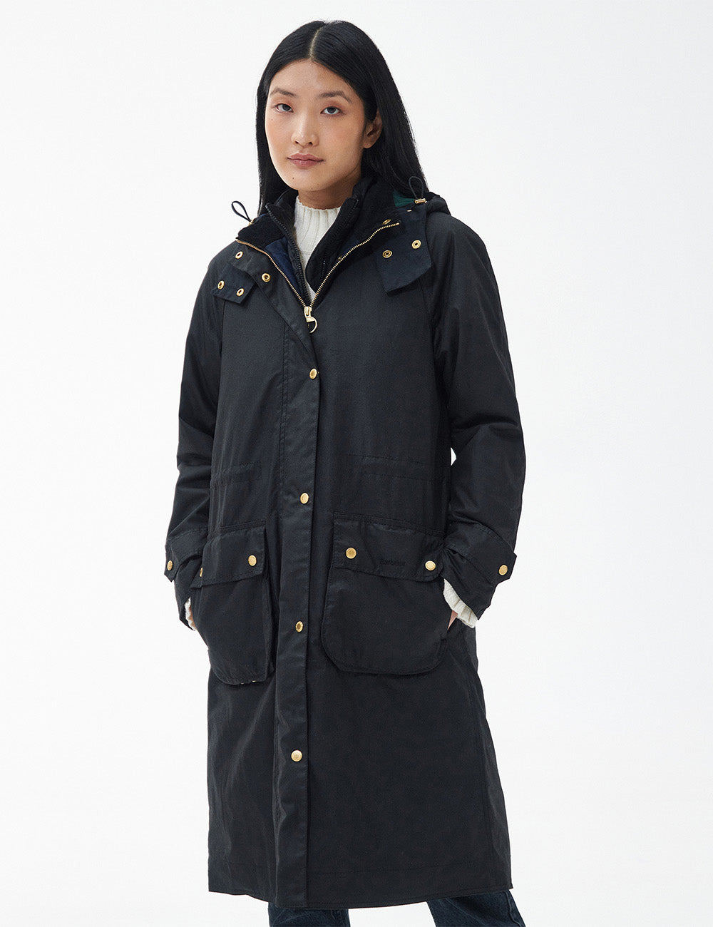 Barbour Long Cannich Wax Jacket - Black/Sage Tartan