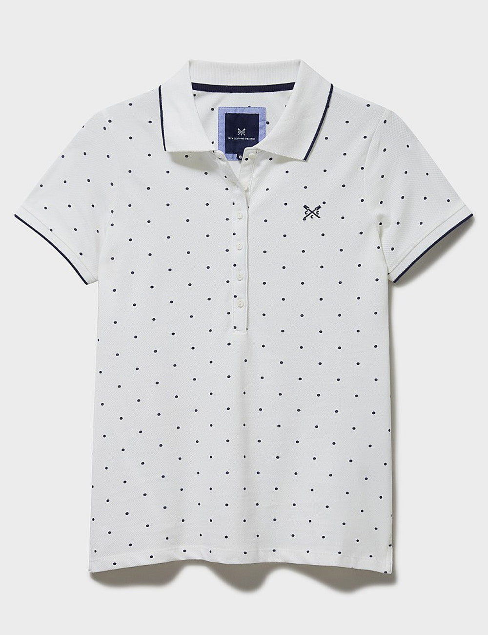 Crew Clothing's Classic Polo Shirt in White/Navy Spot on a white background