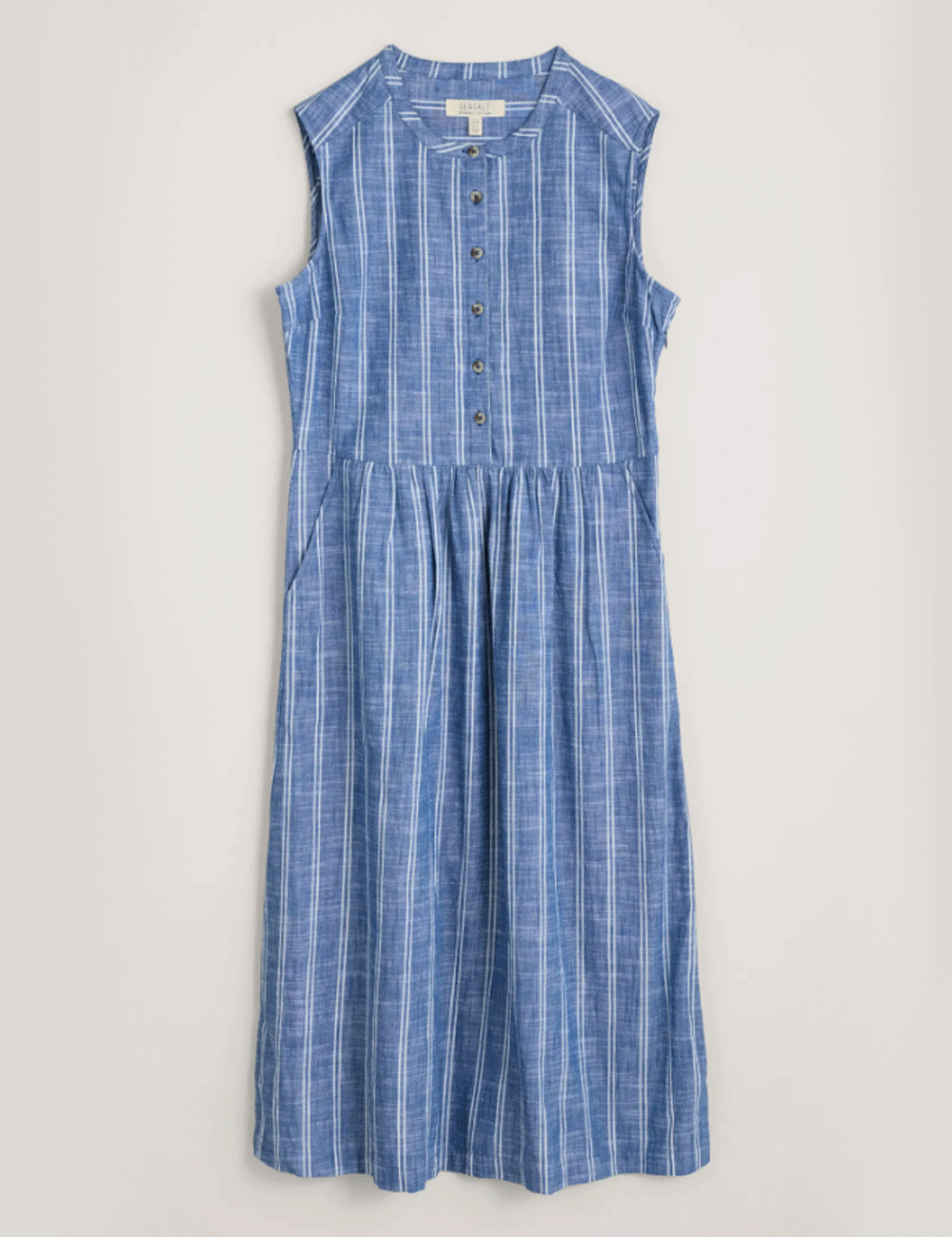 Seasalt's Creek Cottage Dress in Chesil Stripe Marine on a grey background