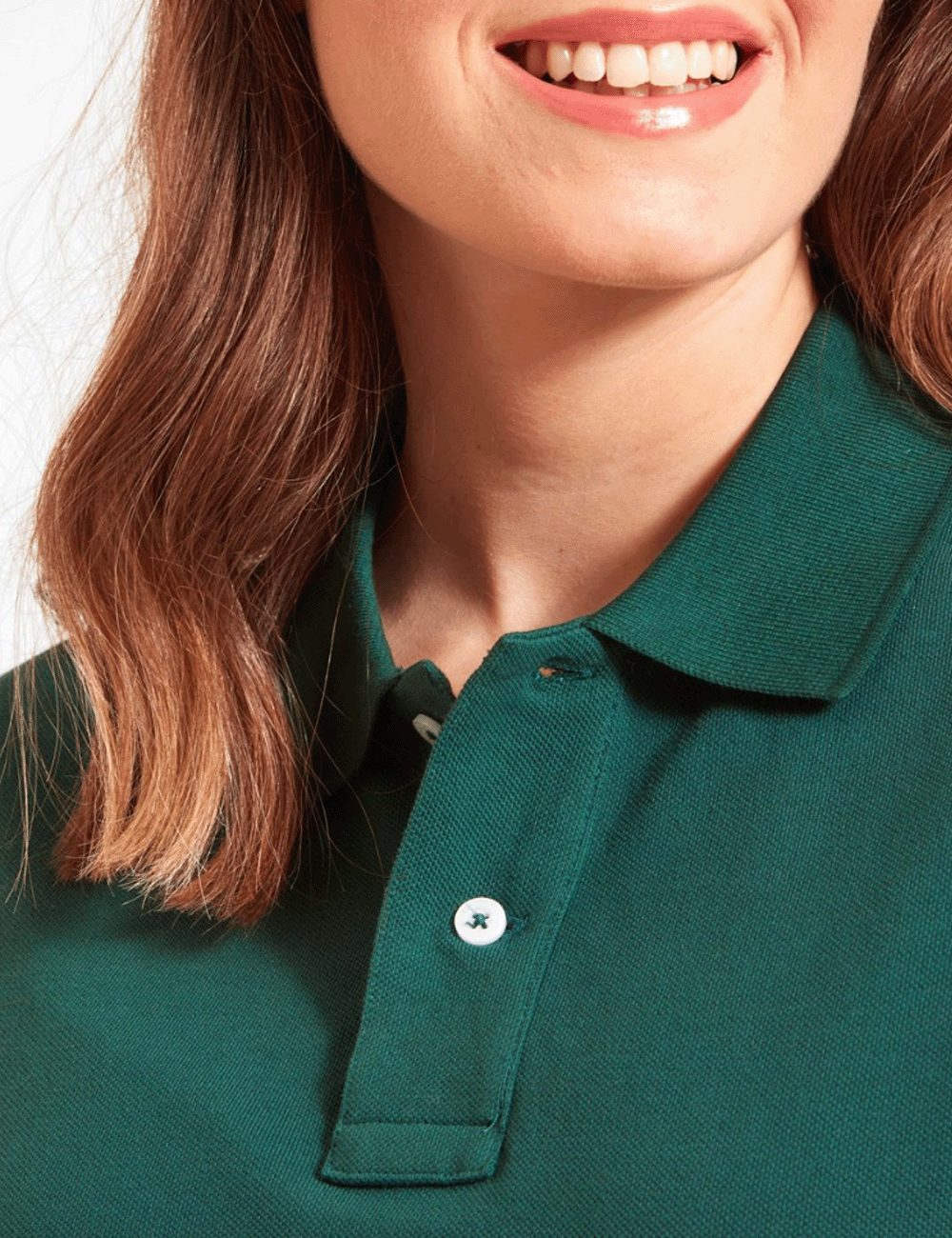 Close up of woman wearing the Exeter Polo Shirt at the collar