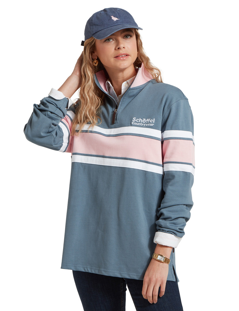 Schoffel Exmouth Heritage 1/4 Zip Sweatshirt - Dark Pigeon Blue/Chalky Coral