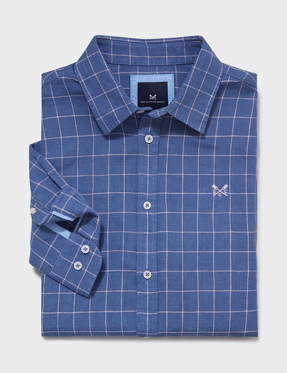 Crew Clothing's Grid Check Shirt in Blue on a grey background