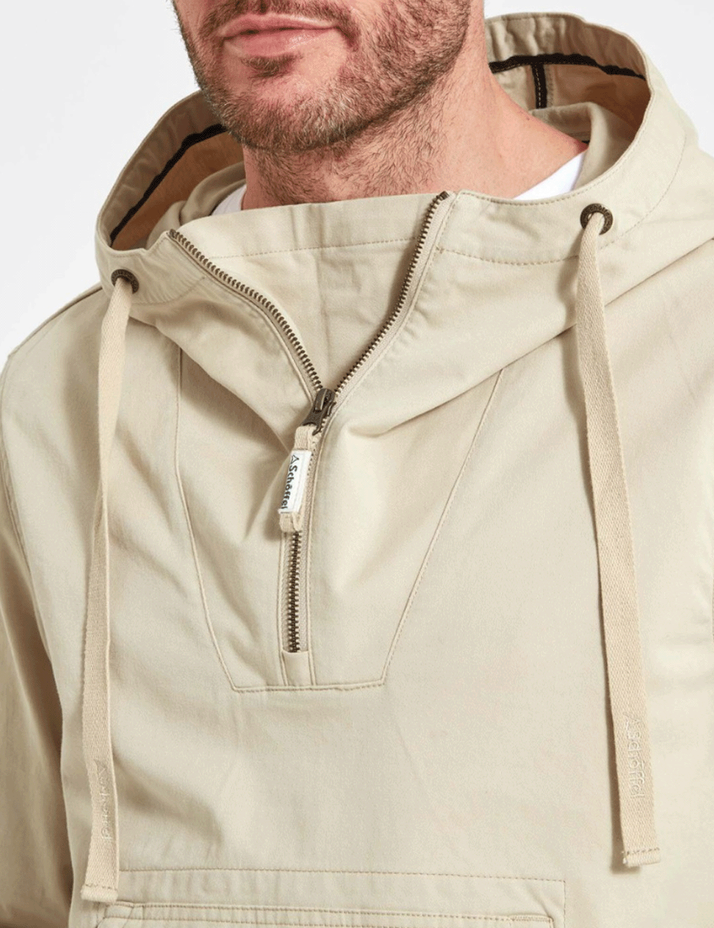 Close up at the neckline of man wearing the Harbour Smock