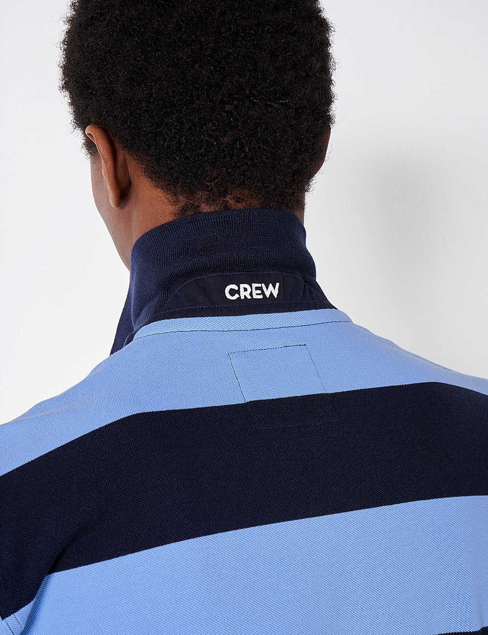 Close up of the Crew branding on the back of the collar