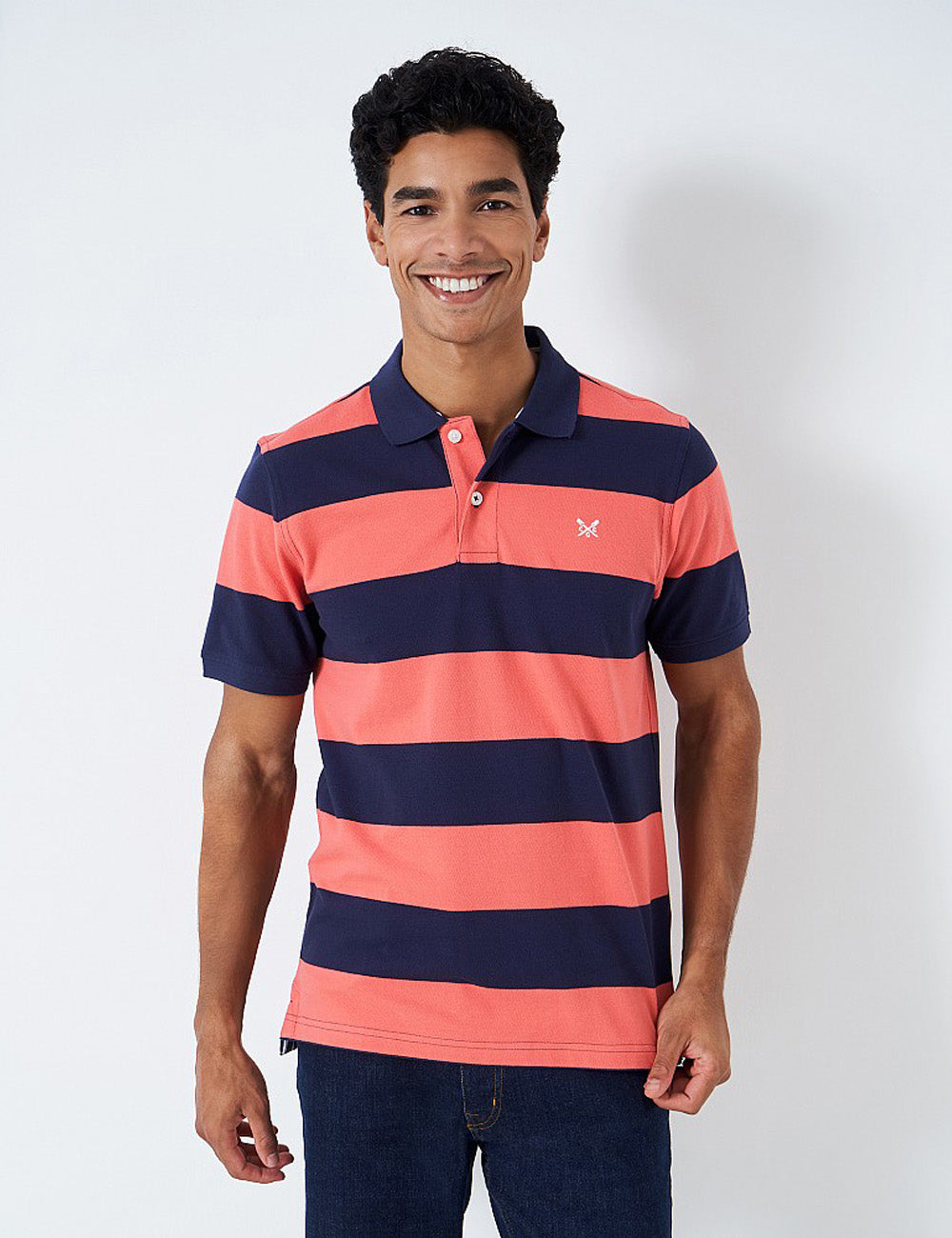 Crew Clothing Heritage Stripe Polo Shirt - Coral/Navy Stripe