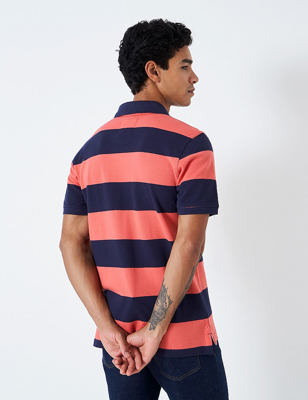 Crew Clothing Heritage Stripe Polo Shirt - Coral/Navy Stripe