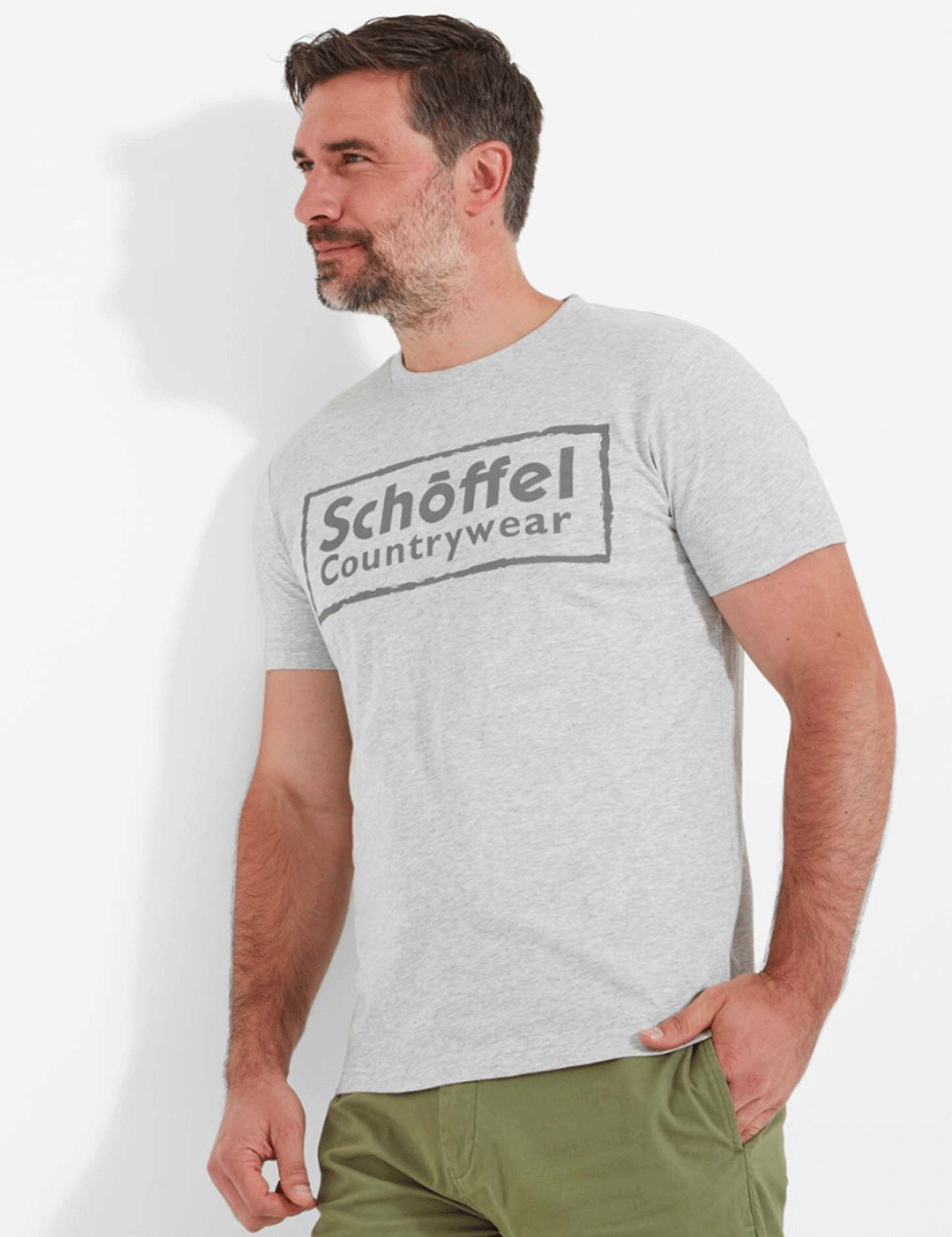 Man wearing the Schoffel Heritage T-Shirt with khaki shorts