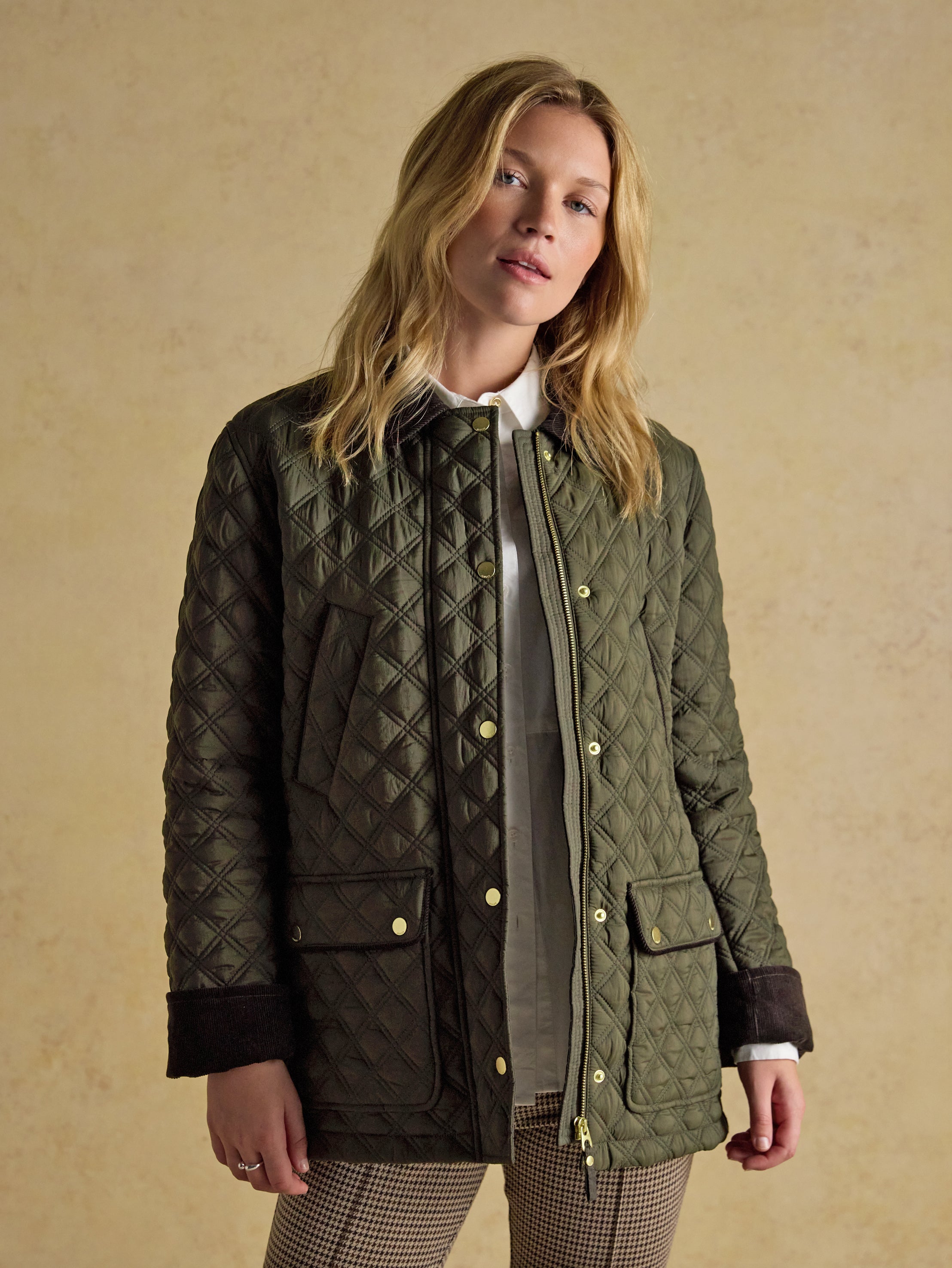 Joules Beatrix Khaki Green Showerproof Diamond Quilted Coat