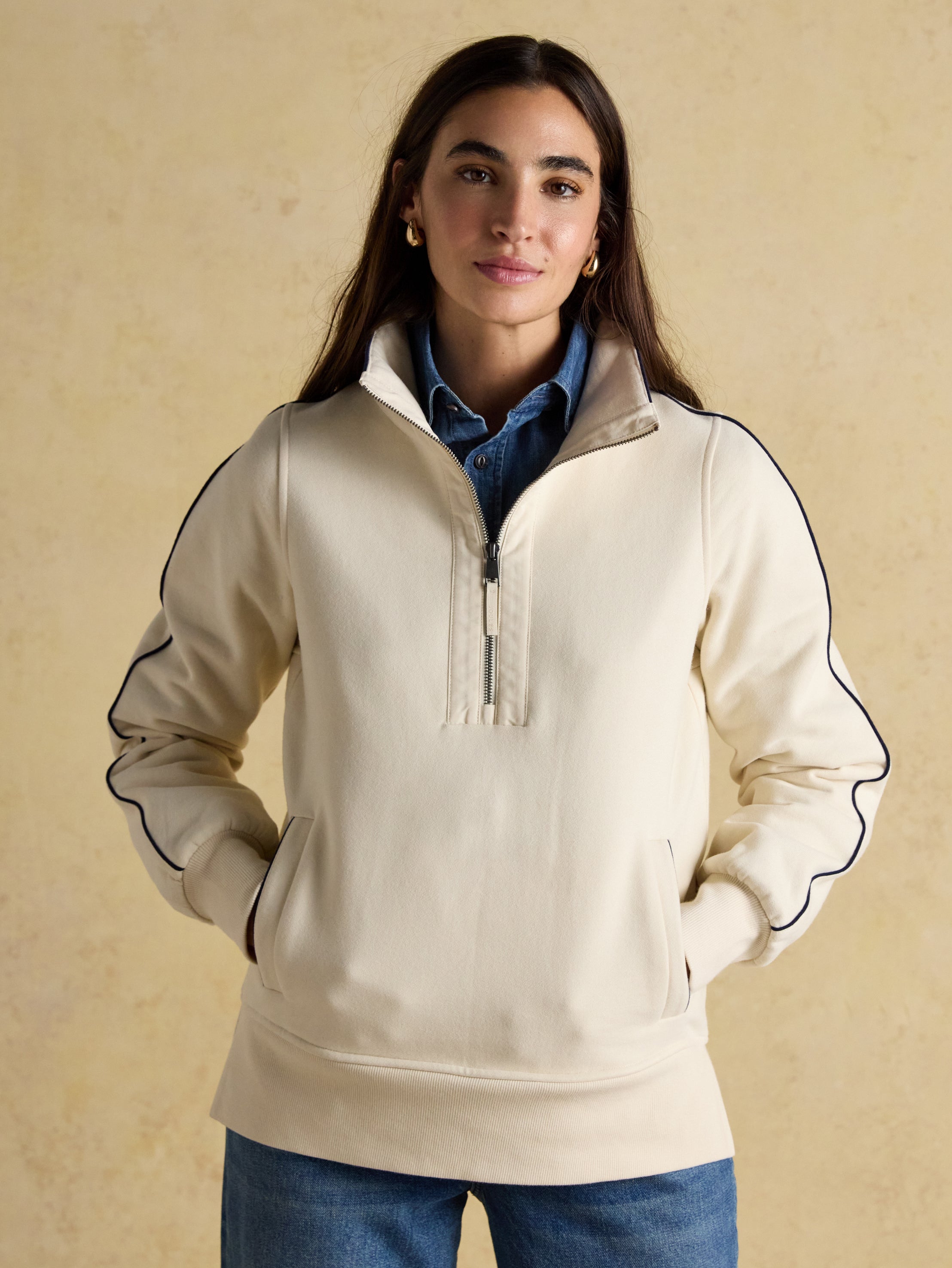 Joules Bronte Funnel Neck Quarter Zip Cotton Sweatshirt Cream
