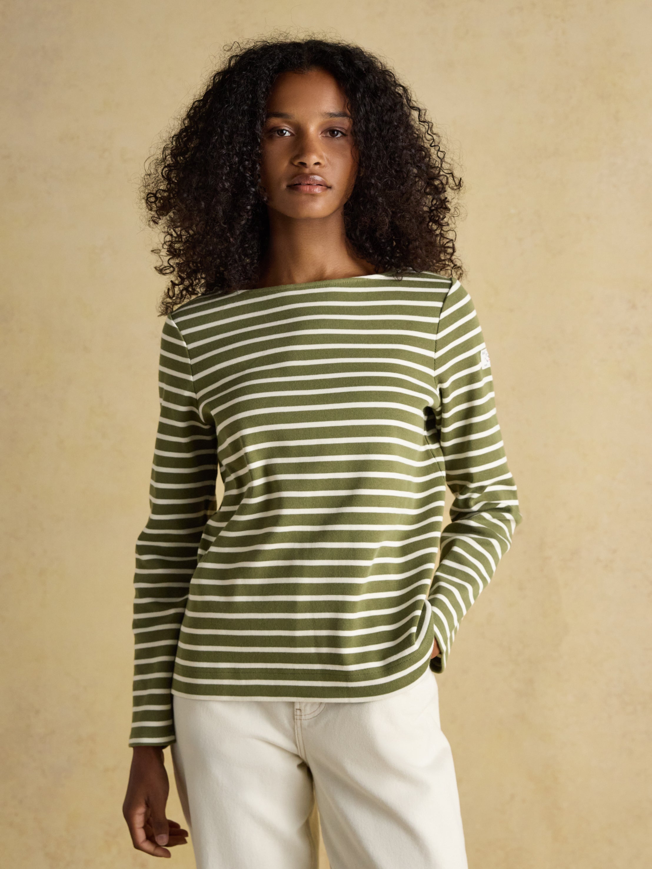 Joules Harbour Boat Neck Long Sleeve Breton Stripe Top Green