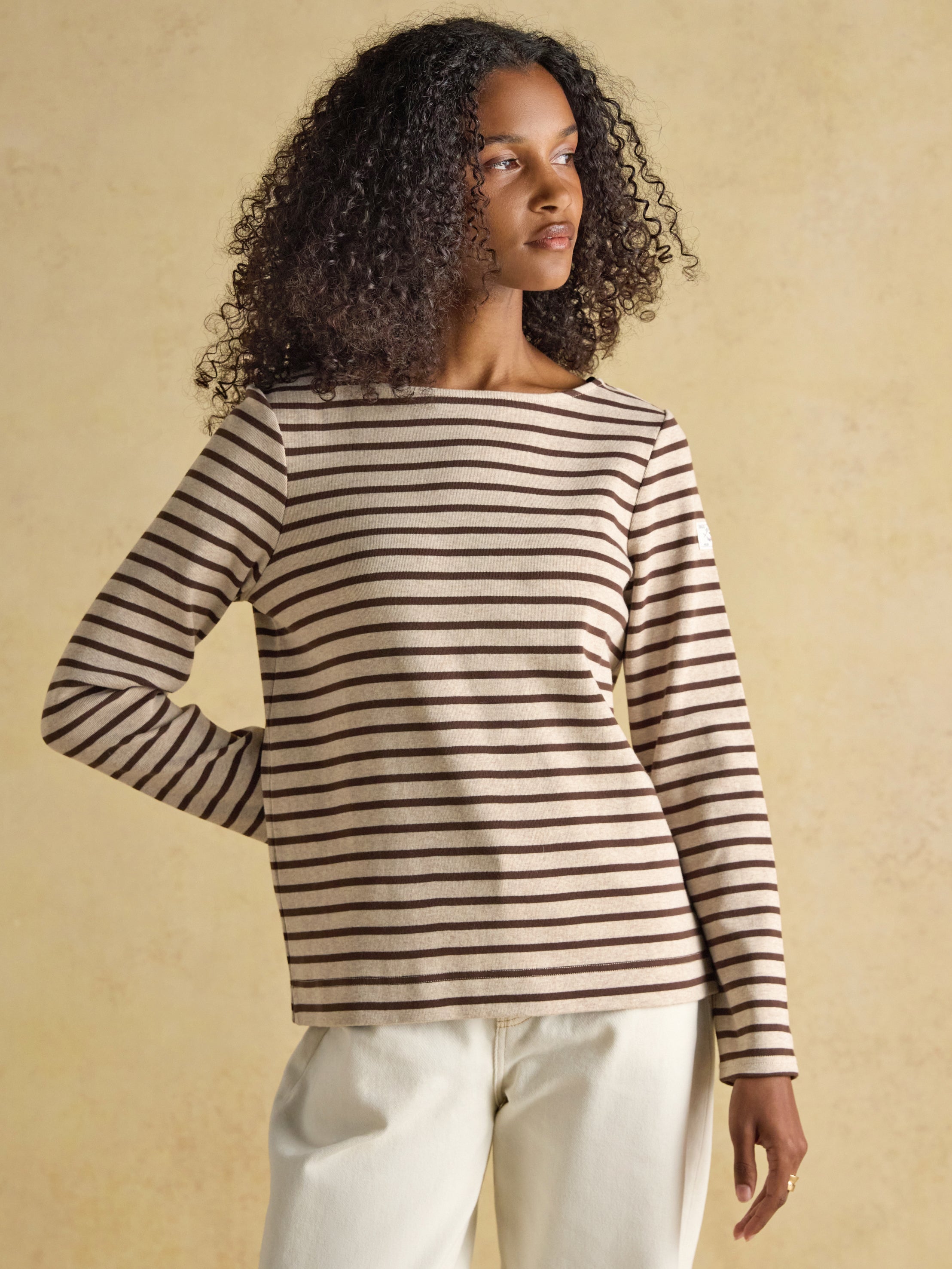 Harbour Neutral Boat Neck Long Sleeve Breton Stripe Top