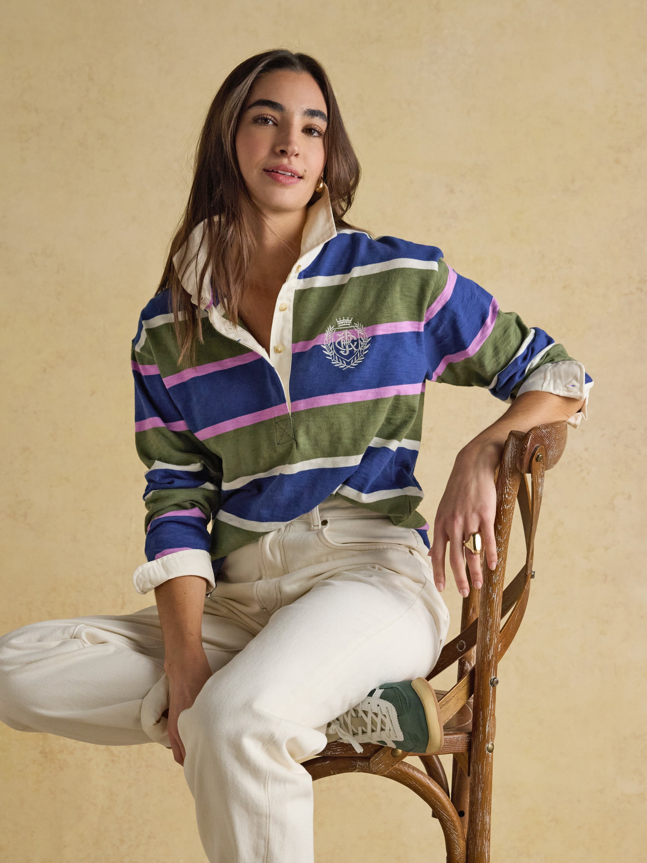 Joules Lara Boxy Fit Rugby Shirt Blue & Green Stripe