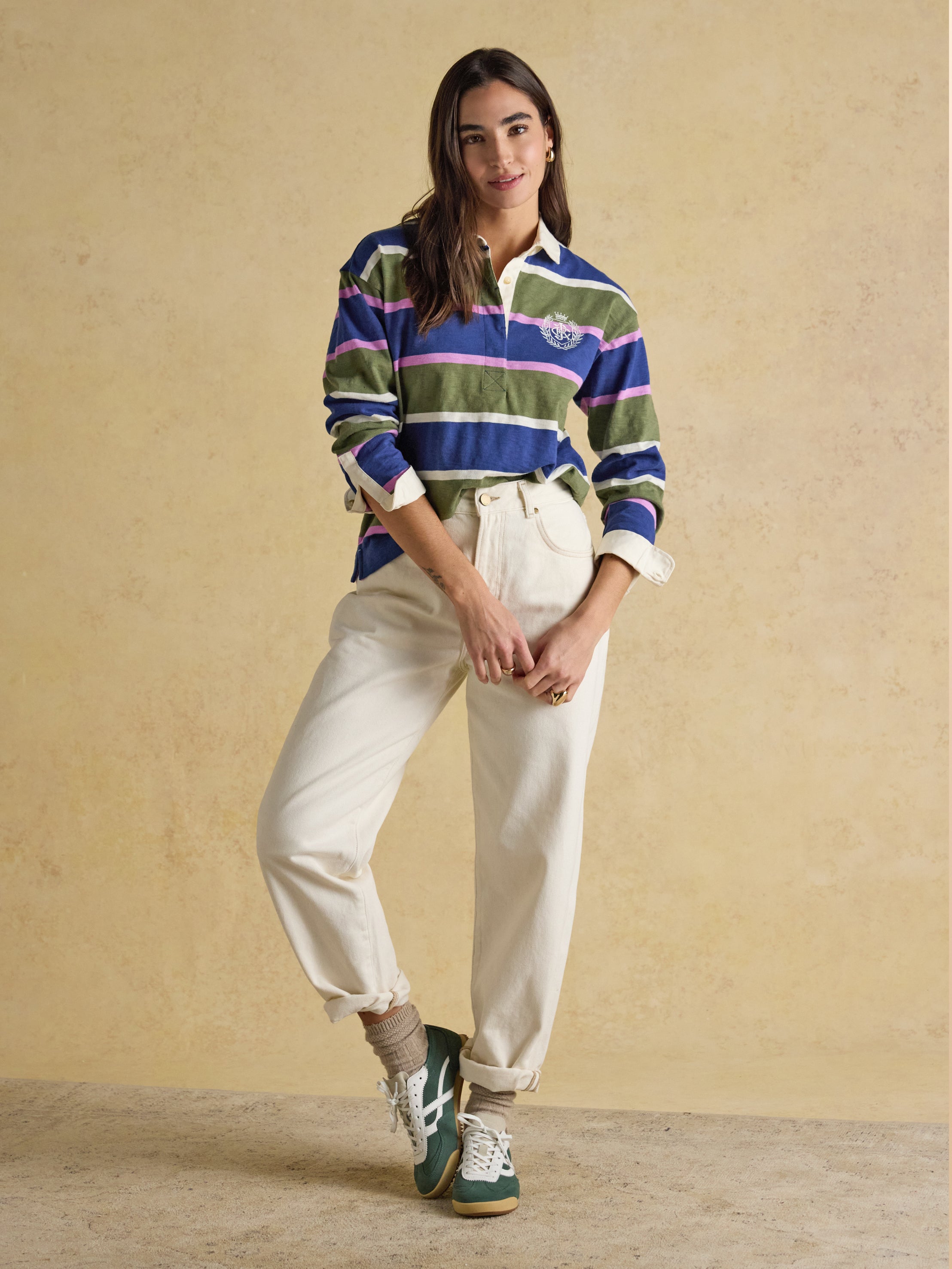 Joules Lara Boxy Fit Rugby Shirt Blue & Green Stripe