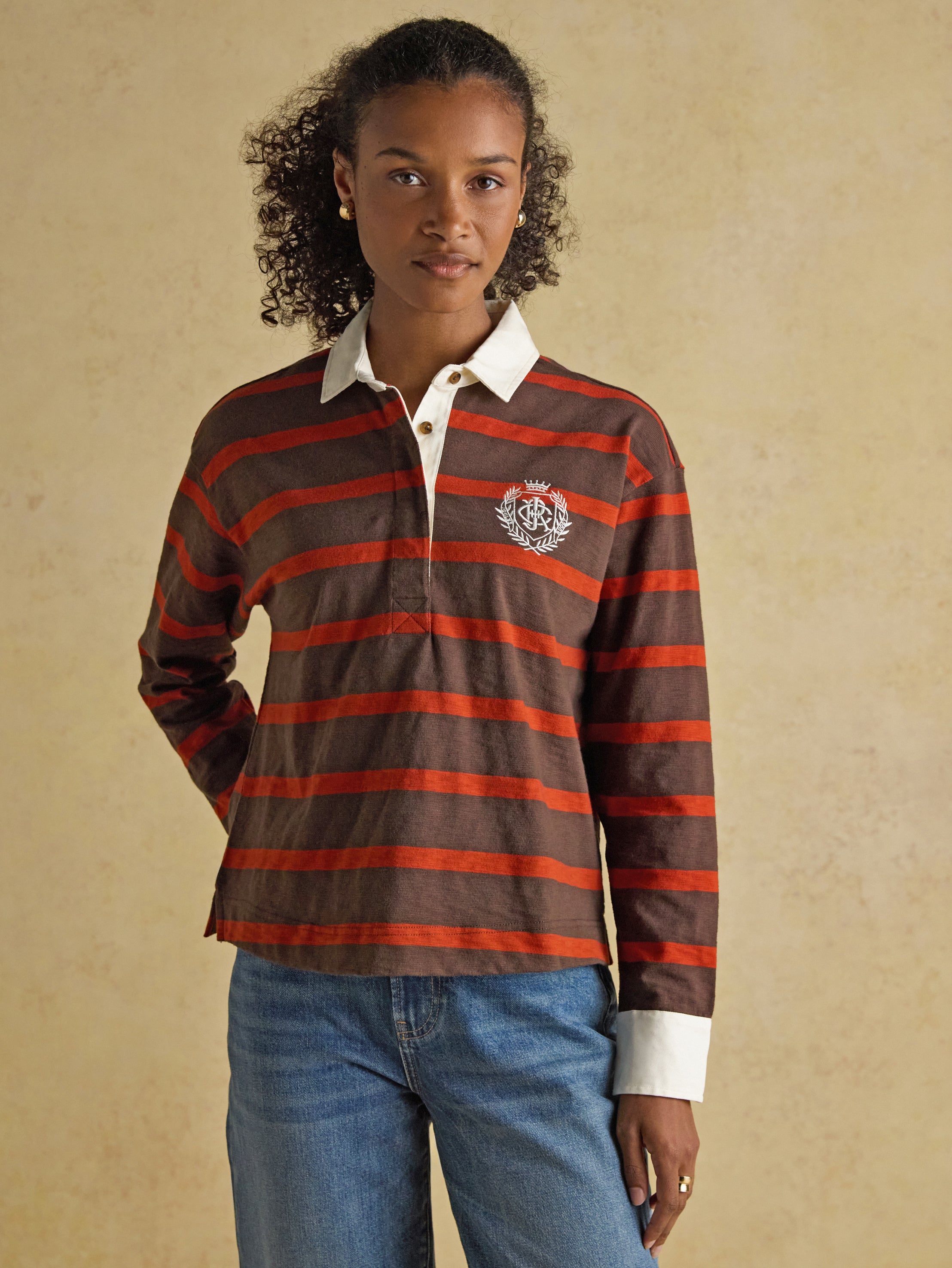 Joules Lara Burnt Orange & Brown Stripe Boxy Fit Rugby Shirt