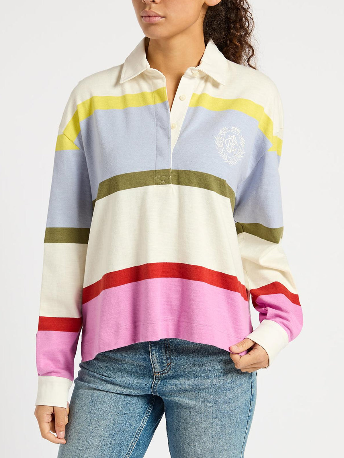 Joules Lara Slub Multi Rugby Shirt | Women’s Boxy Cotton Top