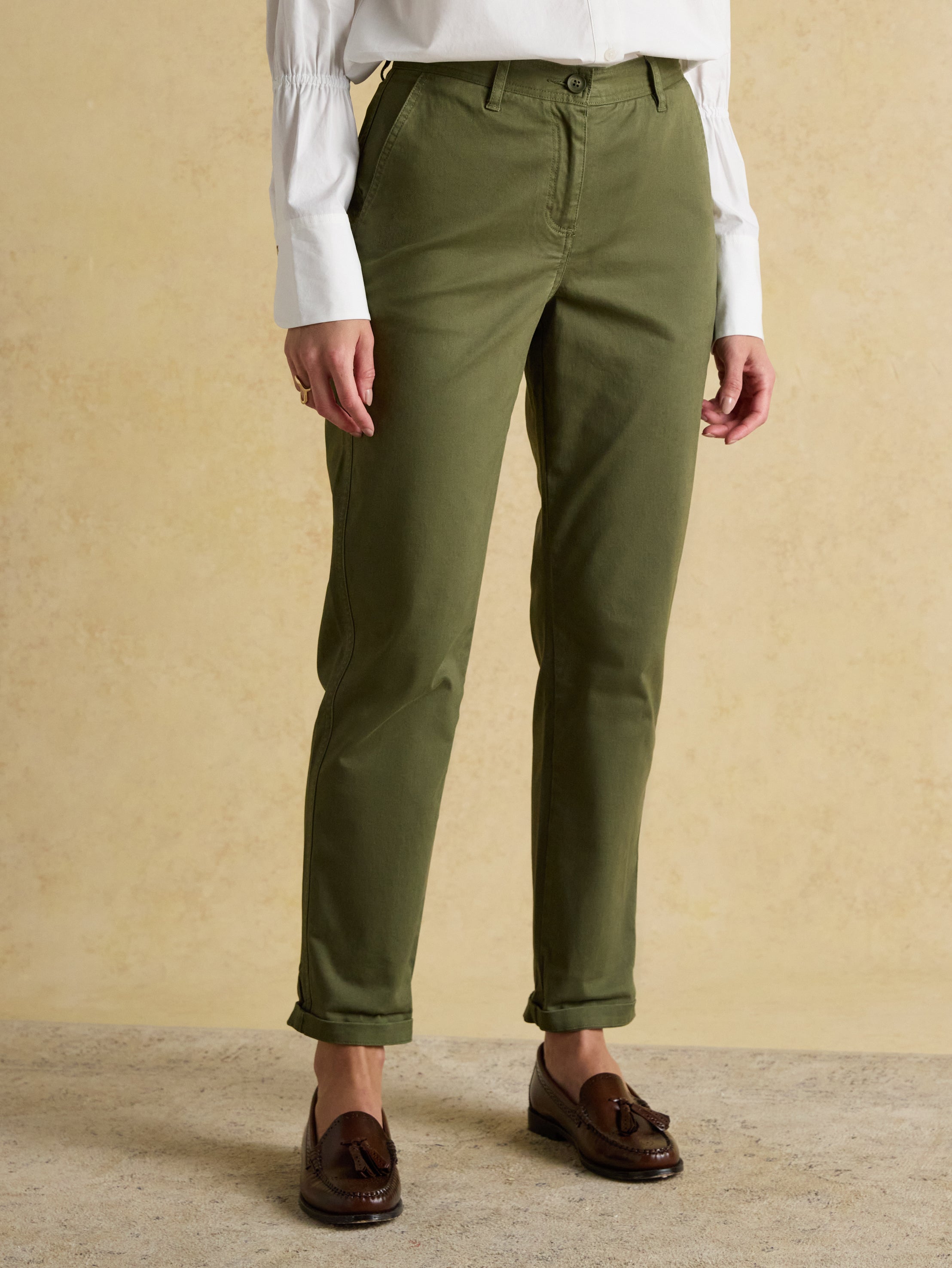 Joules Slim Straight Chino Trousers with Elasticated Waist Khaki Green