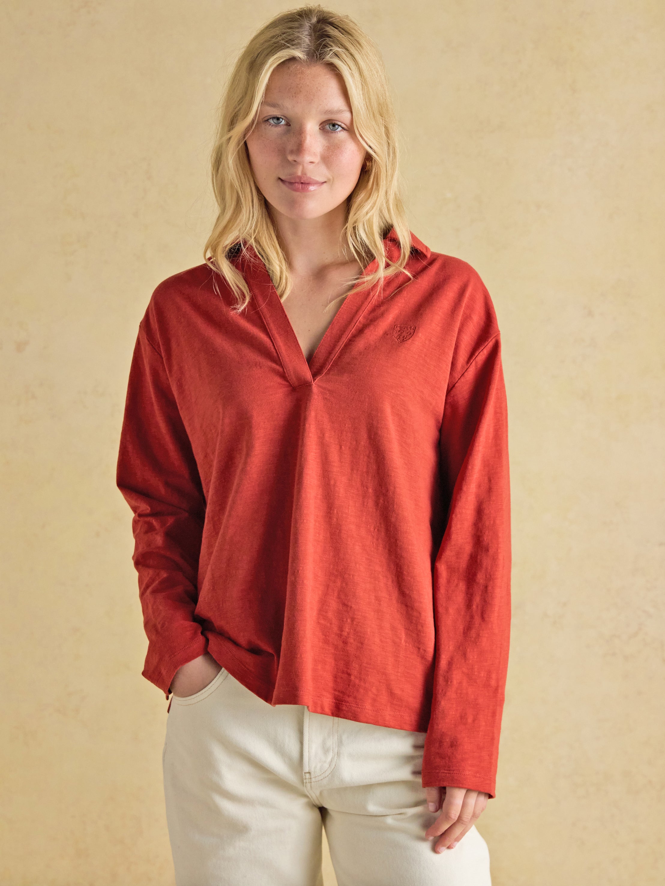 Joules Tallie Burnt Orange Combed Cotton Slub Collared Top
