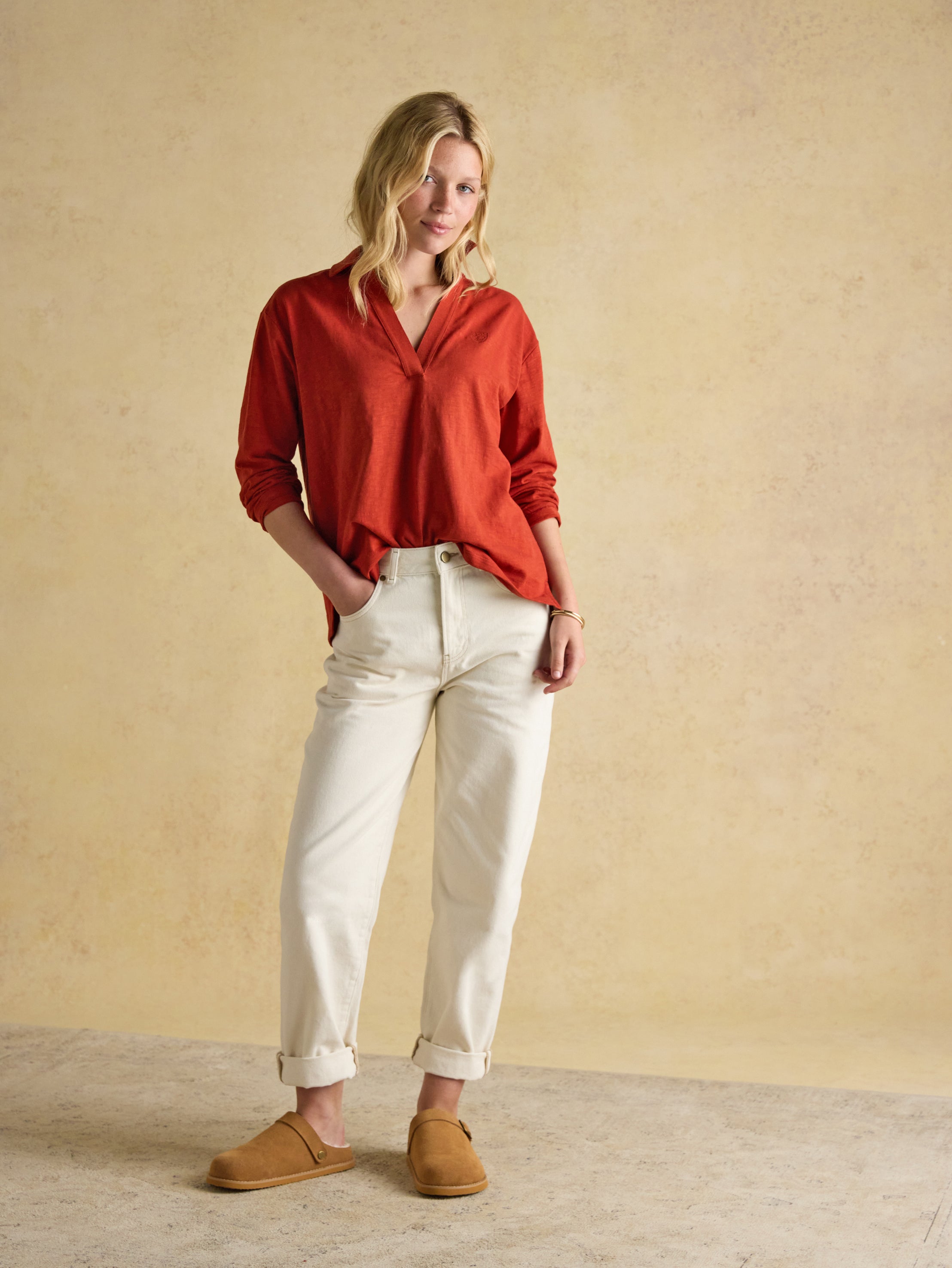Joules Tallie Burnt Orange Combed Cotton Slub Collared Top
