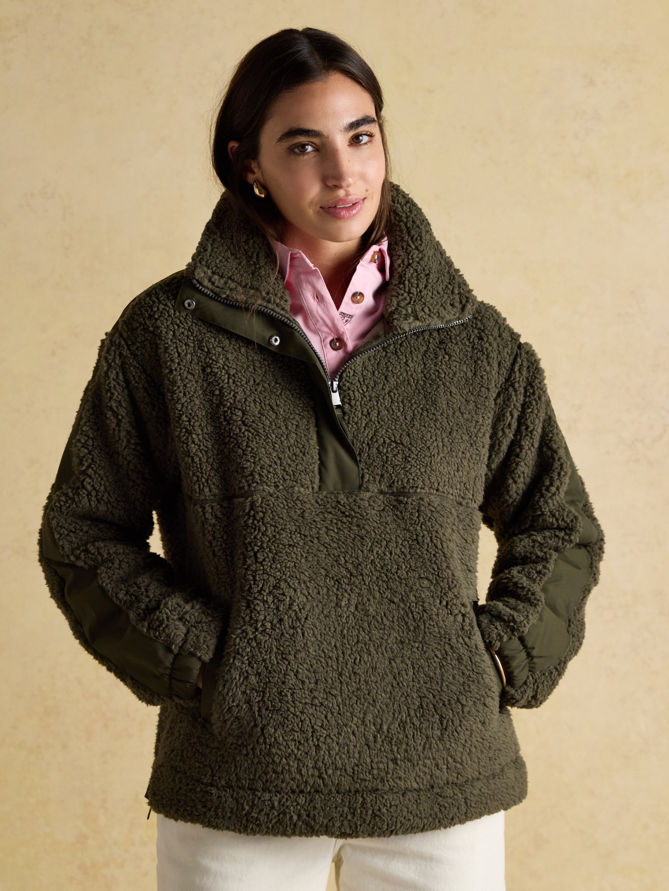 Joules Tilly Quarter Zip Borg Fleece Khaki Green
