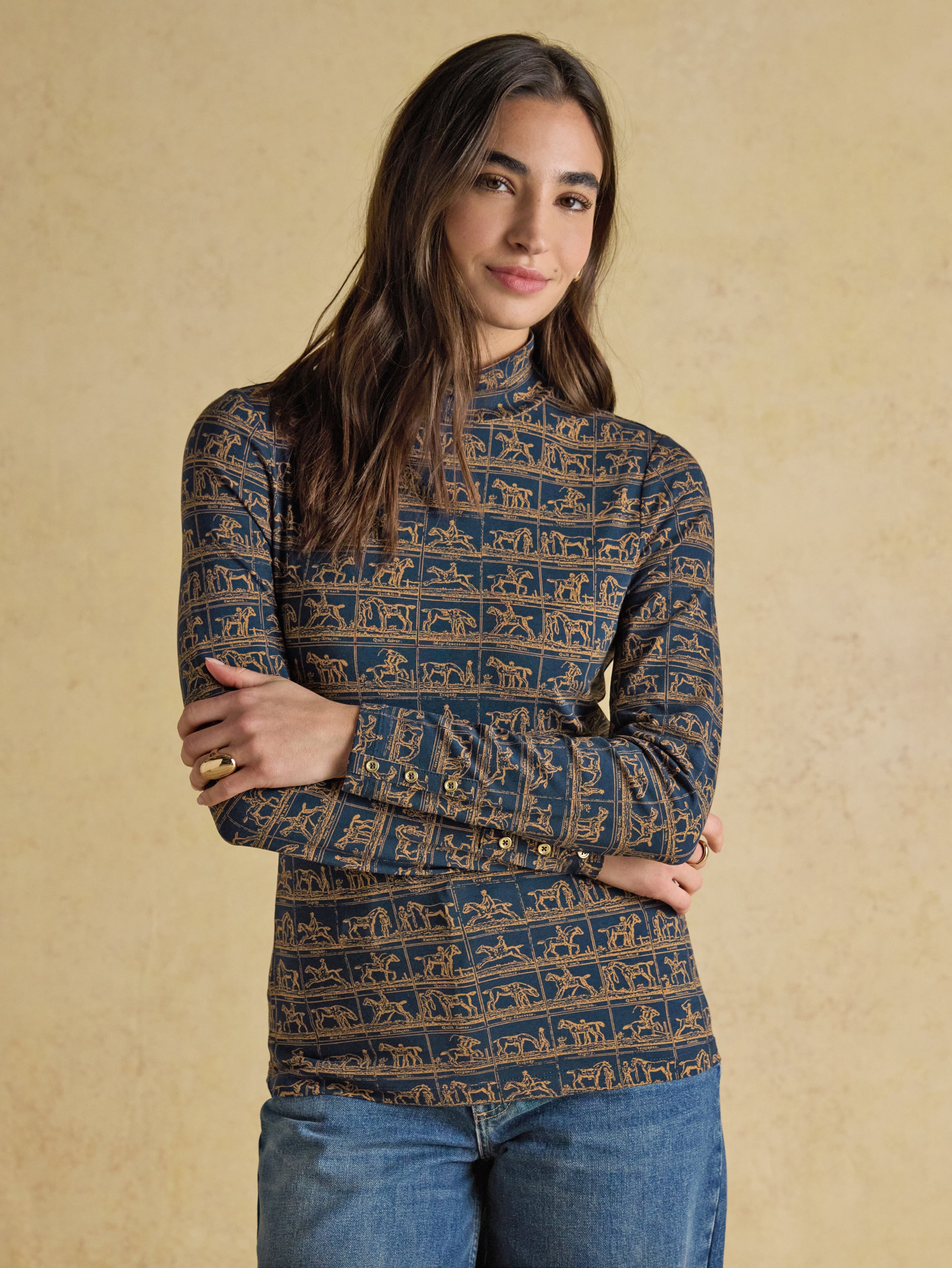 Joules Amy Printed High Neck Jersey Top Navy Horse