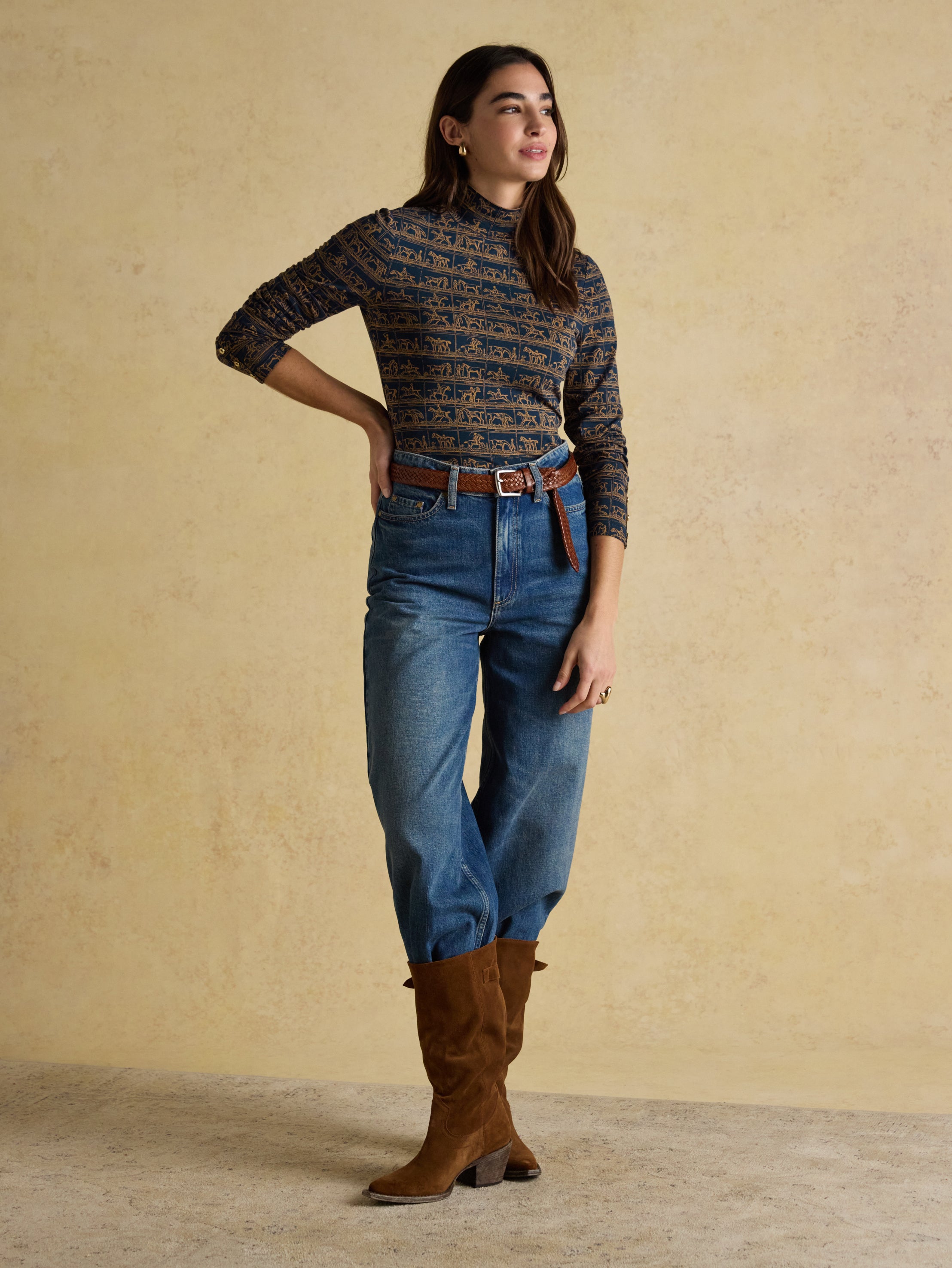 Joules Amy Printed High Neck Jersey Top Navy Horse