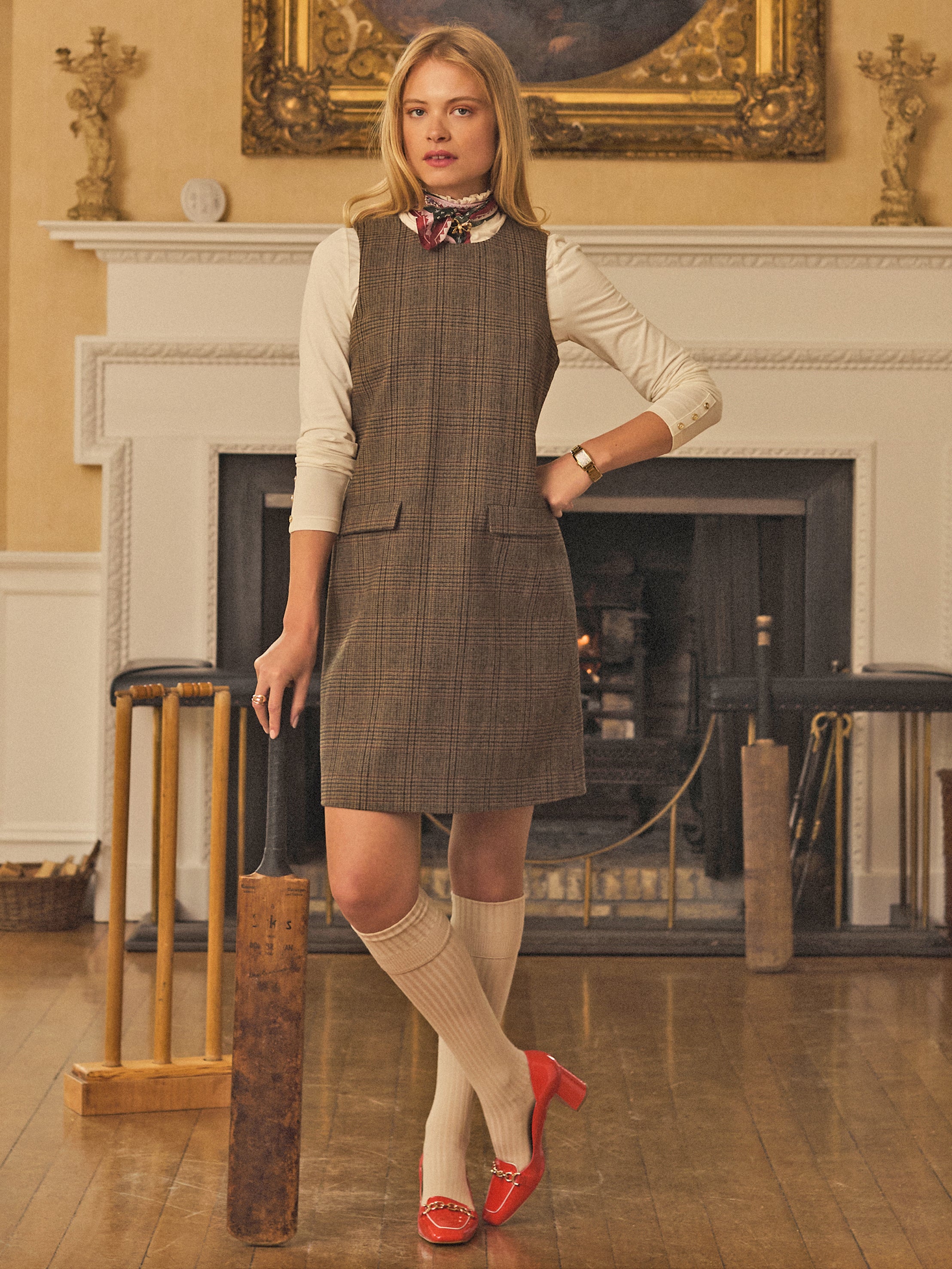 Joules Edwina Check Shift Brown Tweed Wool Blend Dress