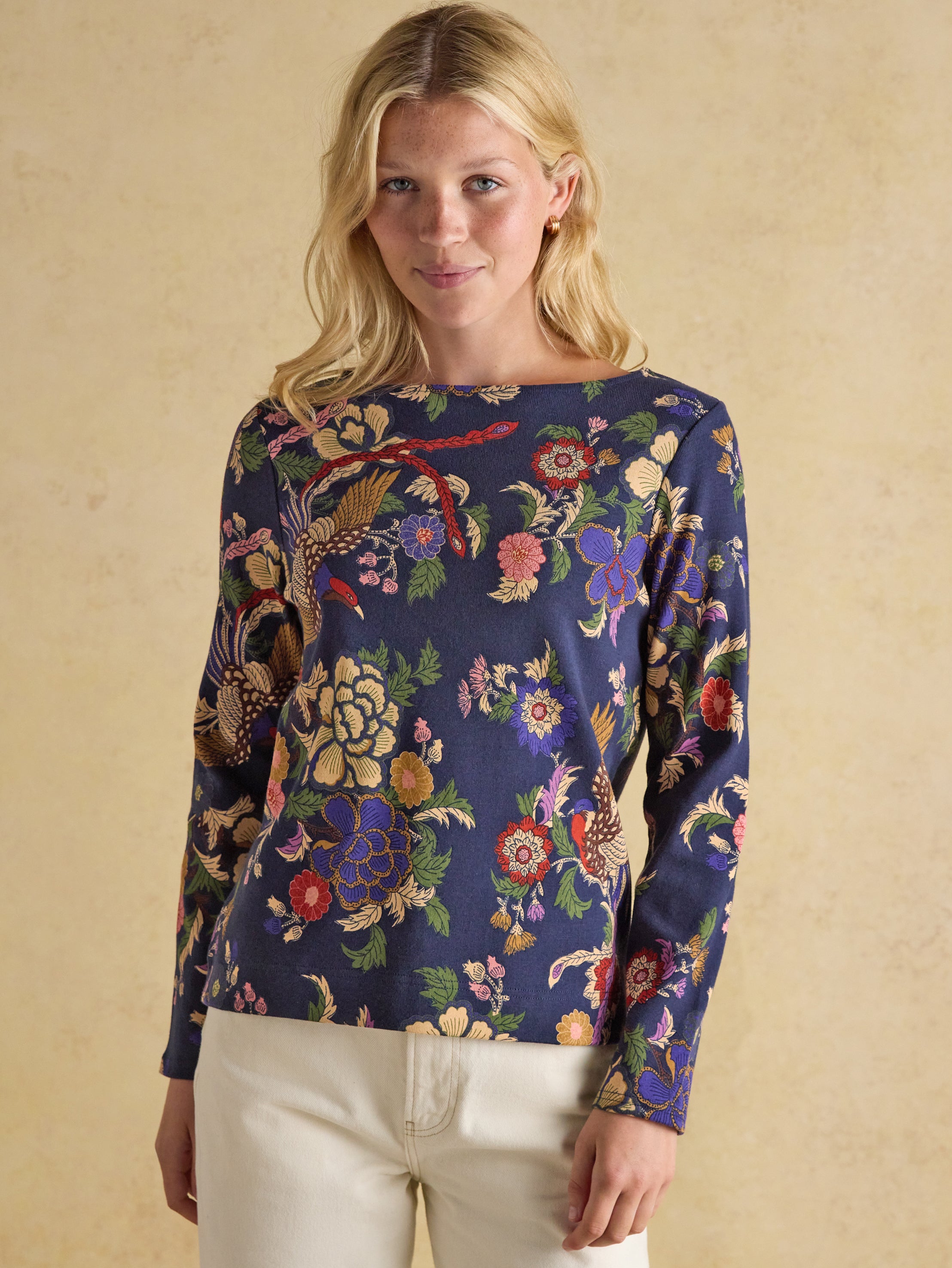 Joules Harbour Navy Bird Floral Boat Neck Printed Top