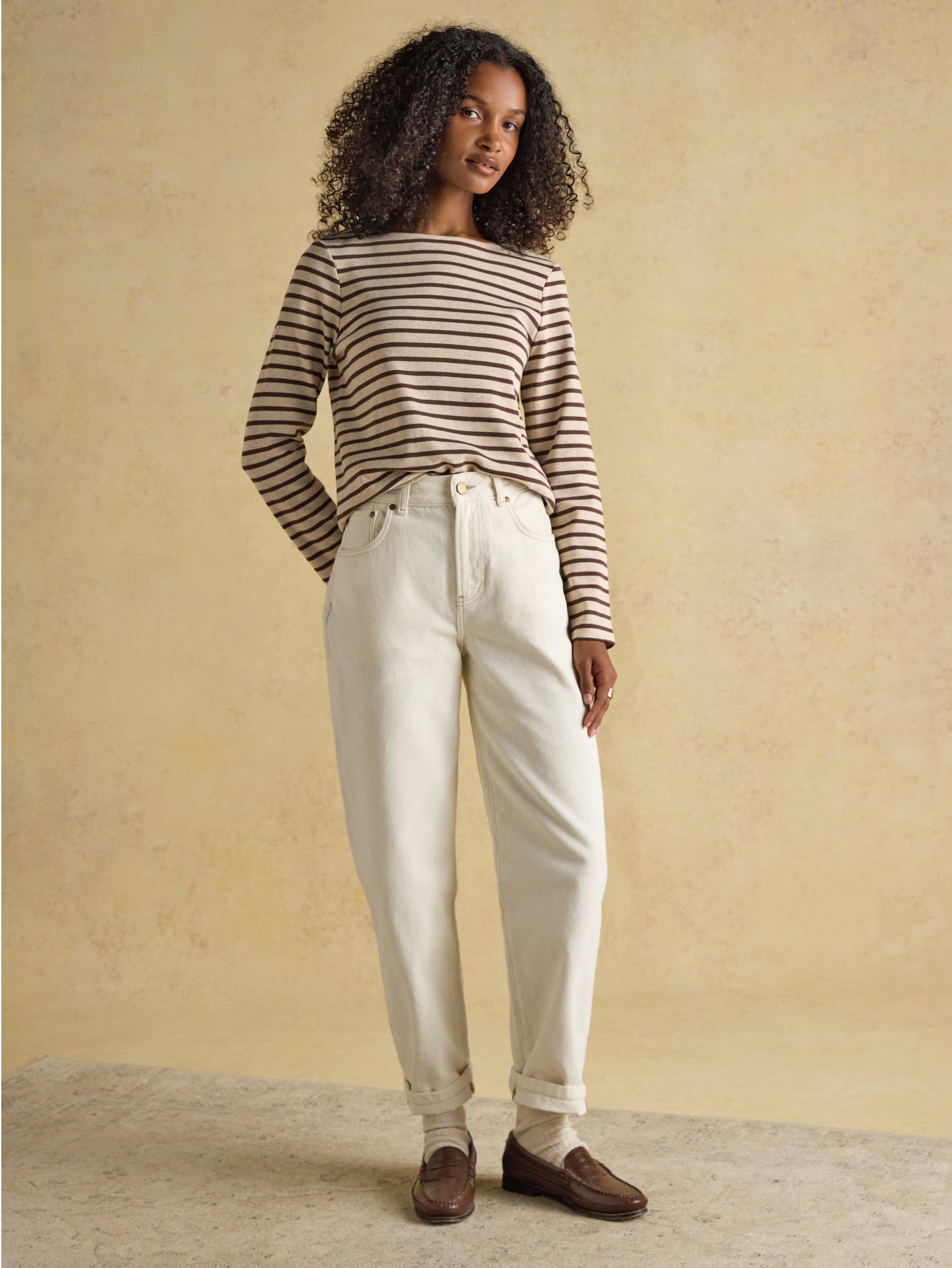 Harbour Neutral Boat Neck Long Sleeve Breton Stripe Top