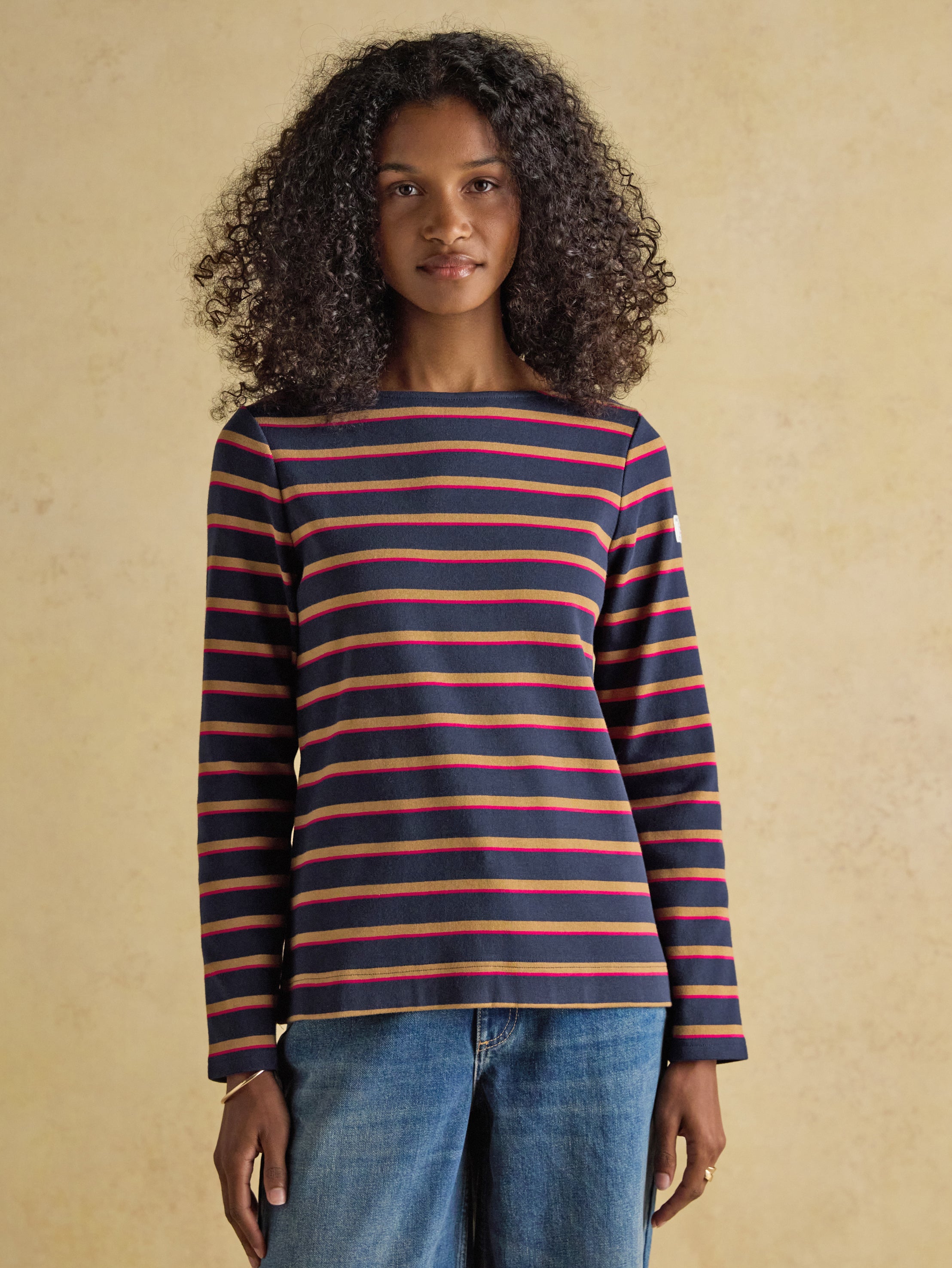 Joules Harbour Tan - Navy Boat Neck Long Sleeve Breton Stripe Top
