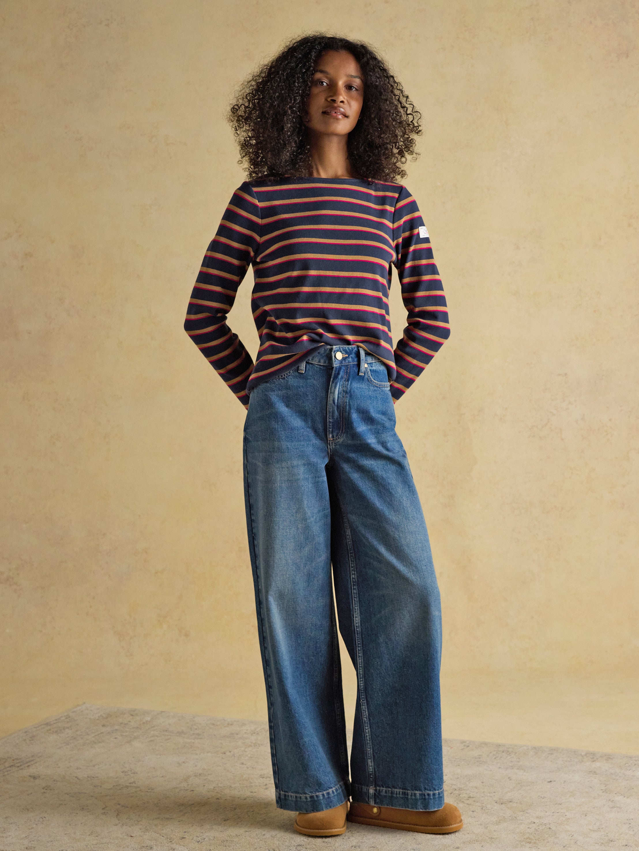 Joules Harbour Tan - Navy Boat Neck Long Sleeve Breton Stripe Top