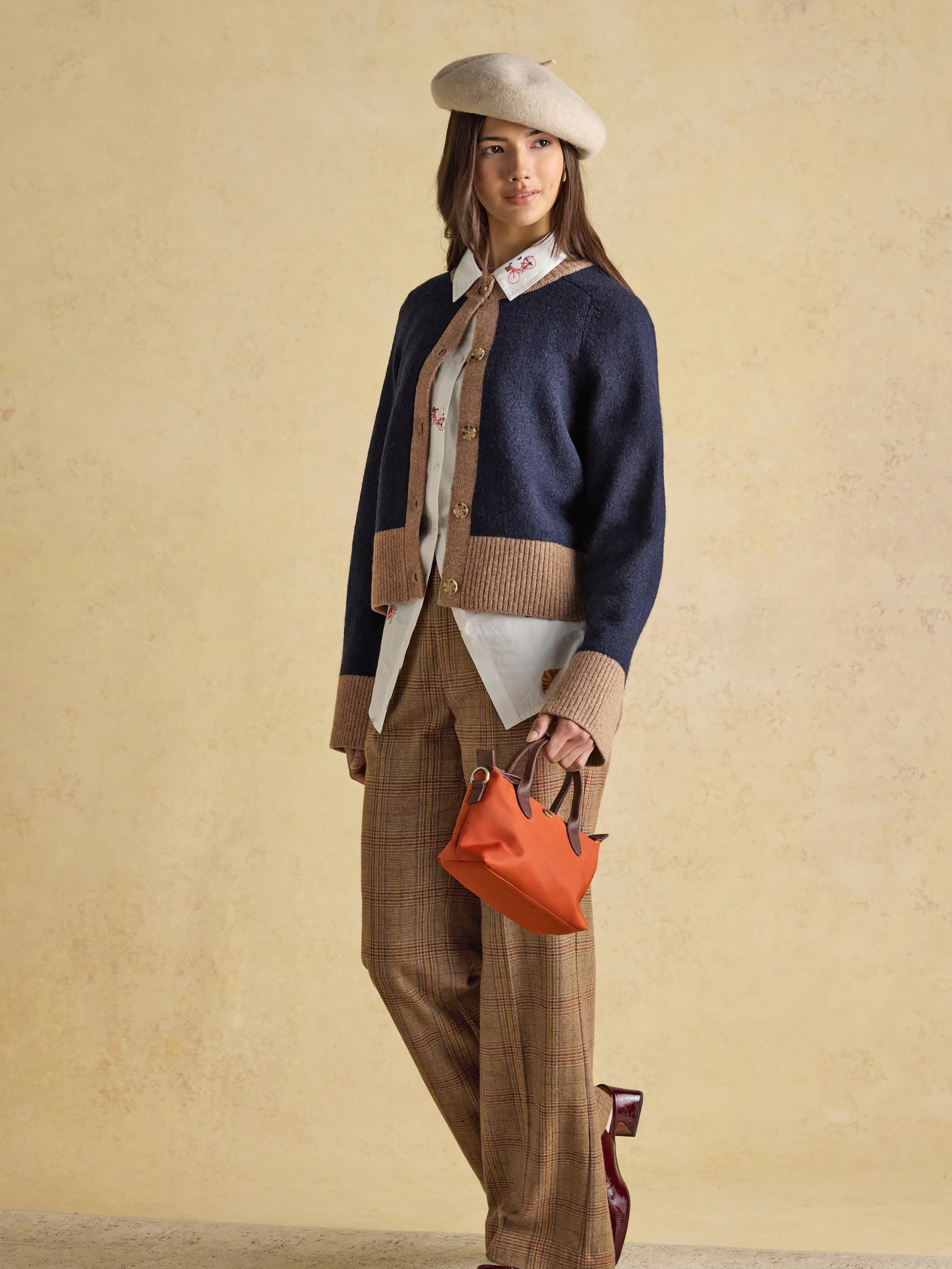 Joules Nora Navy - Tan Knitted Round Neck Cardigan