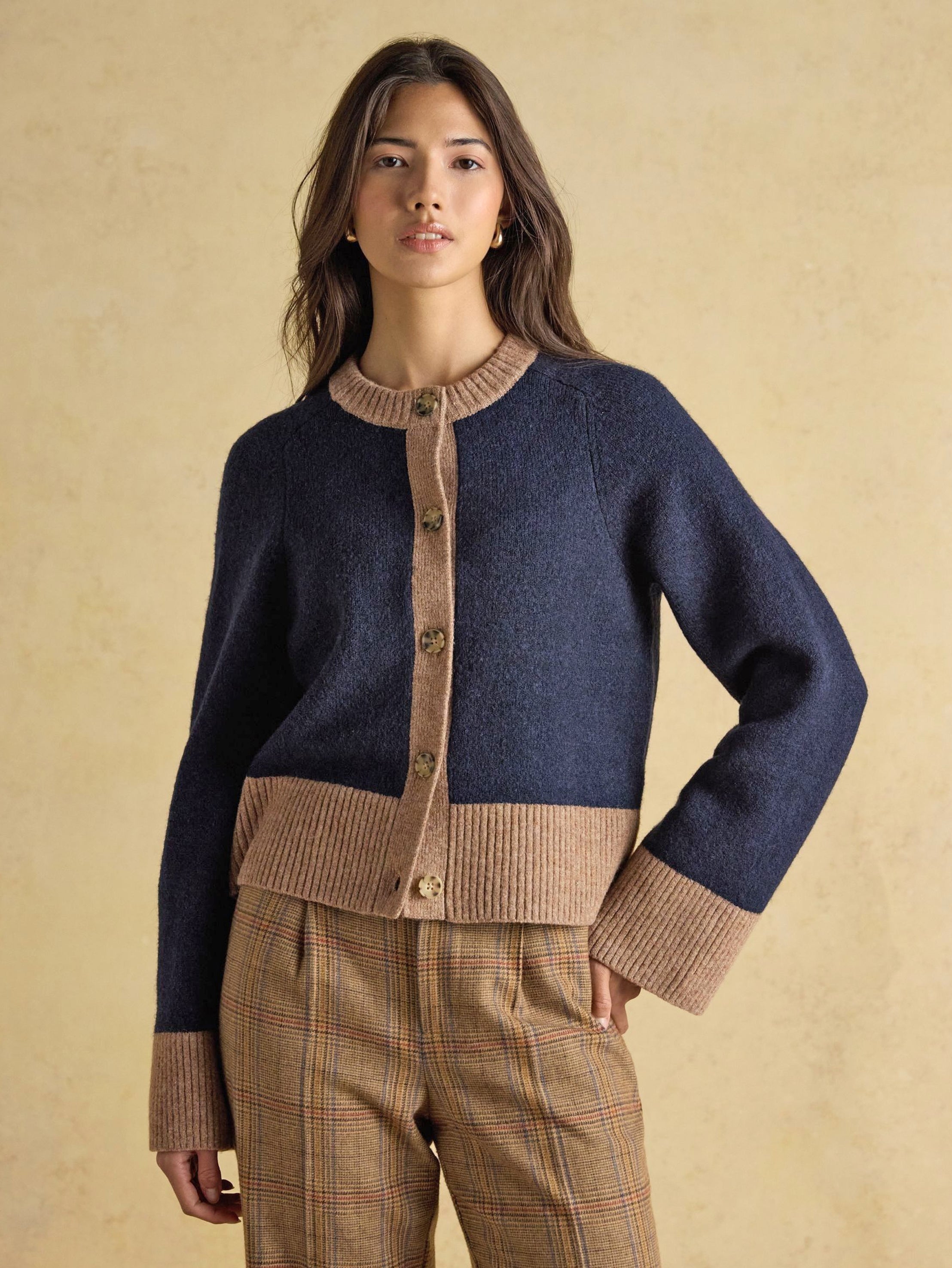 Joules Nora Navy - Tan Knitted Round Neck Cardigan
